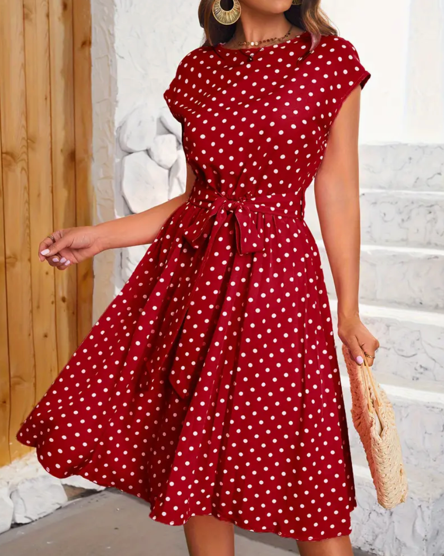 Grace® | Elegant Polka Dot Midi Dress With Tie Belt