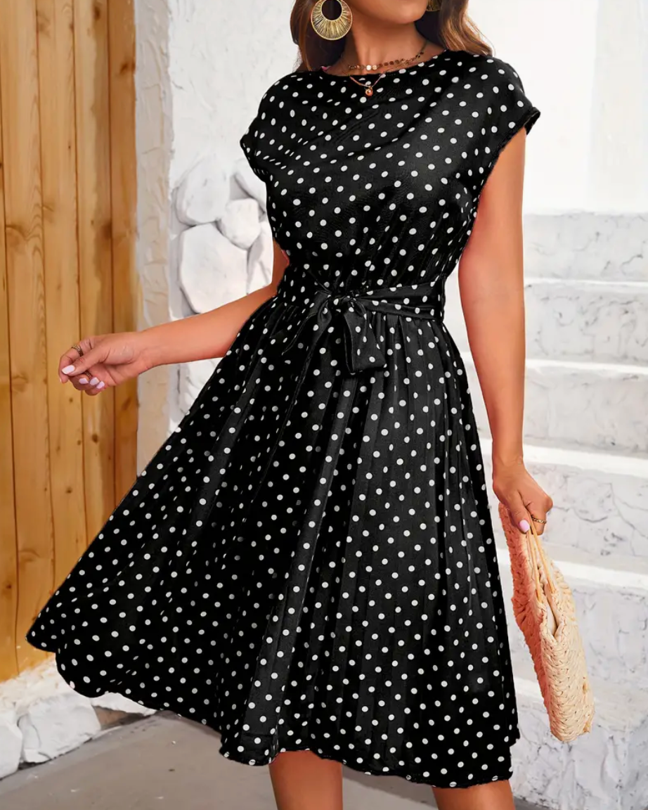 Grace® | Elegant Polka Dot Midi Dress With Tie Belt