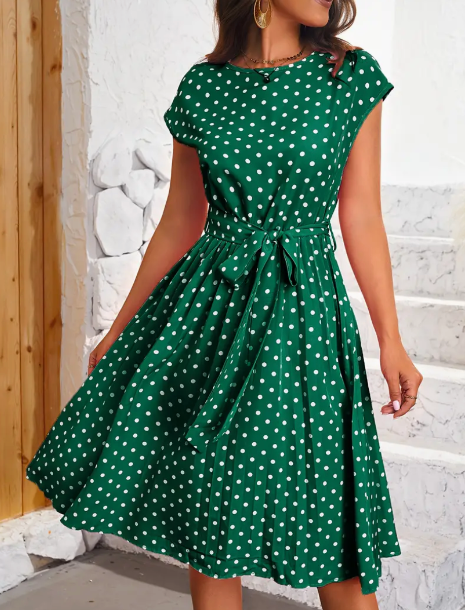 Grace® | Elegant Polka Dot Midi Dress With Tie Belt