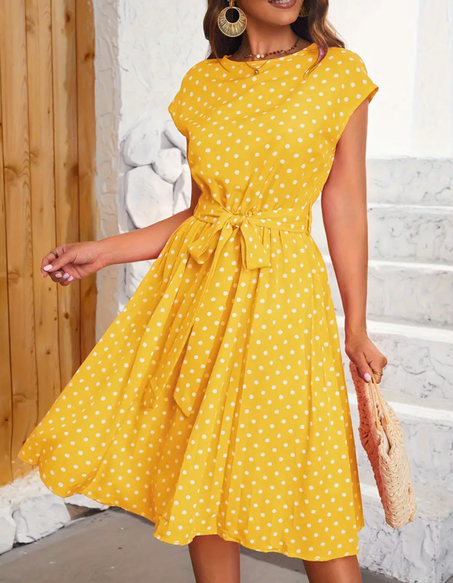 Grace® | Elegant Polka Dot Midi Dress With Tie Belt