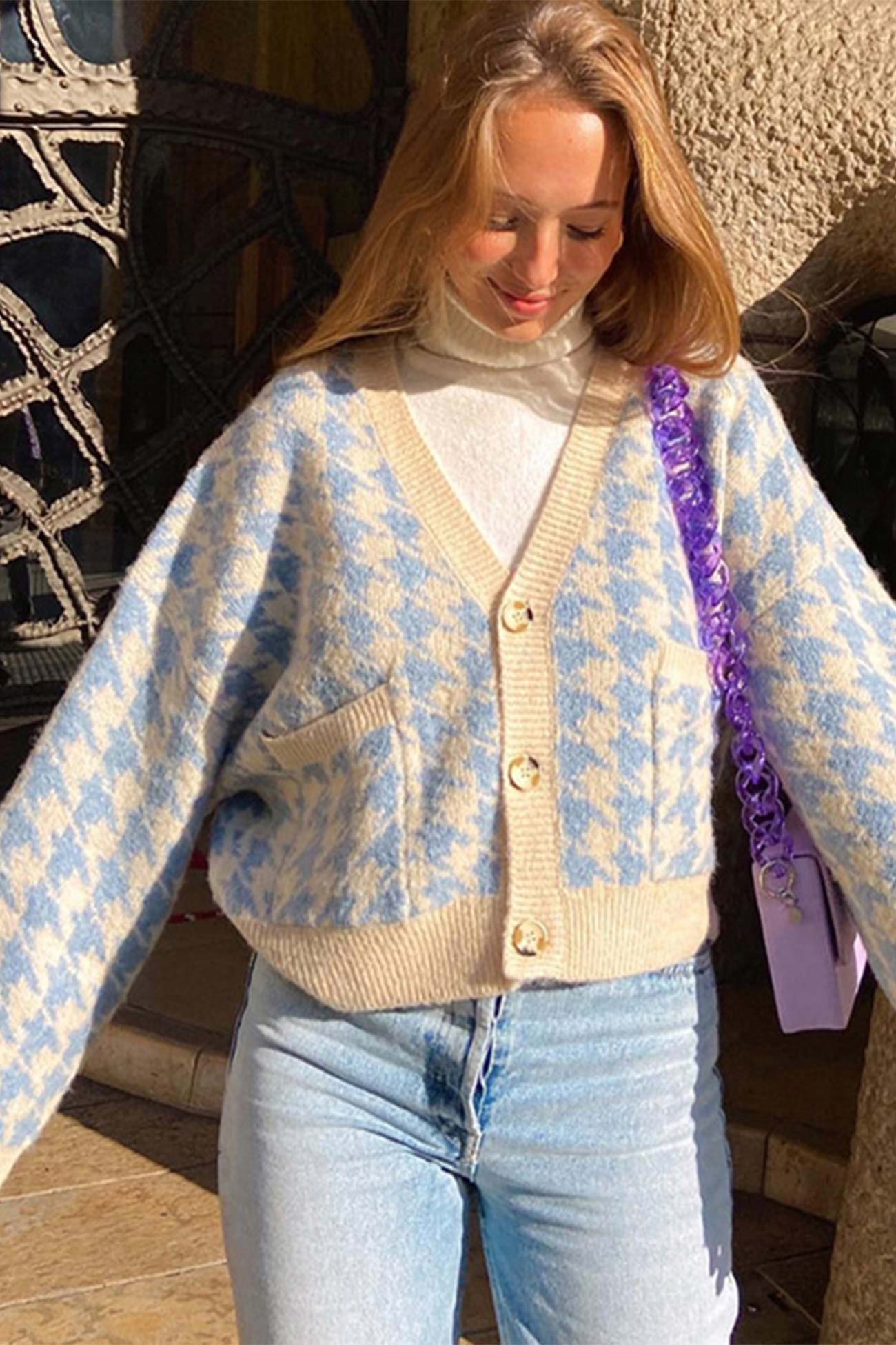 Laura | Blue V-neck pied de poule cardigan