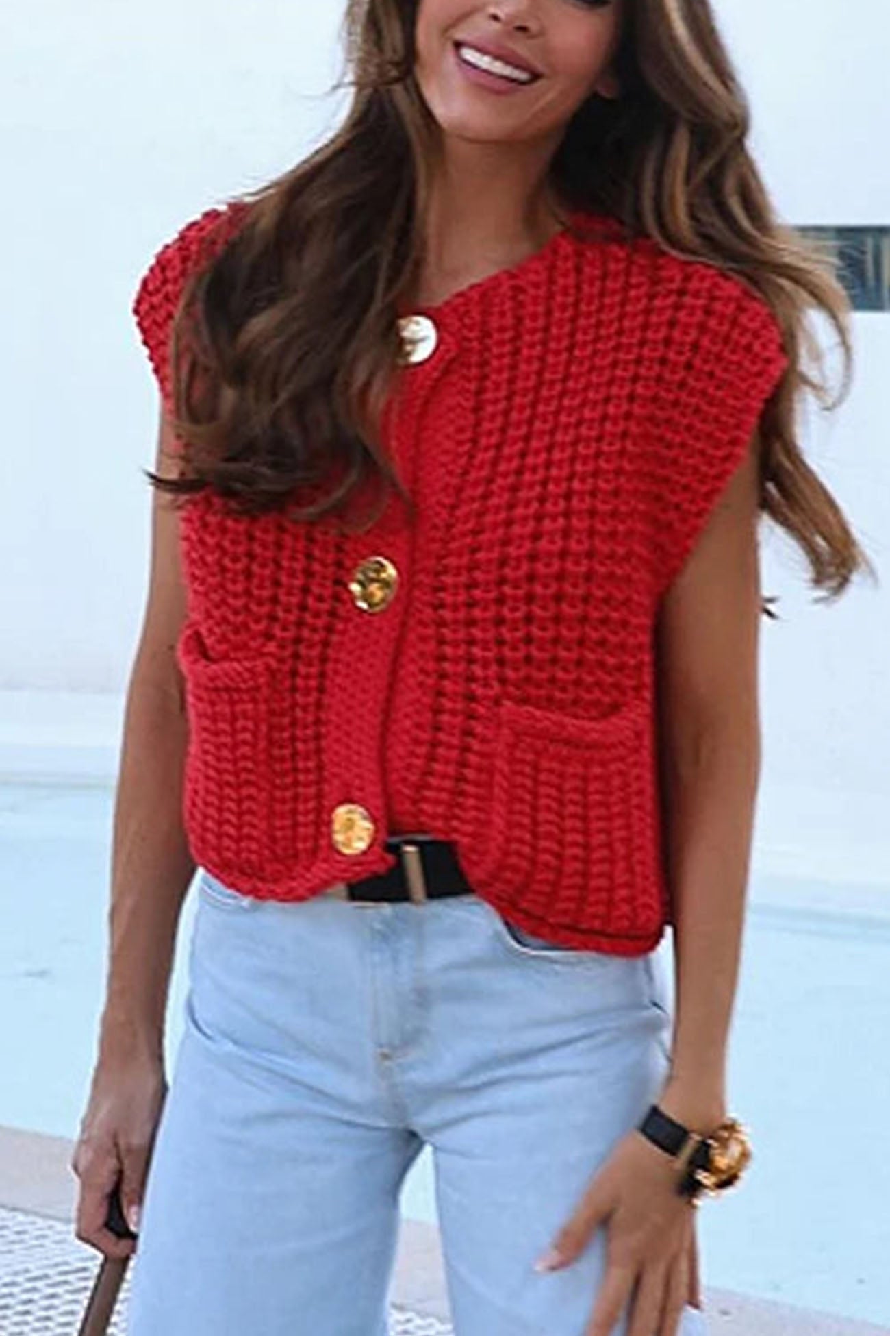 Katinka | Cardigan with a button placket at the front and sleeveless pockets