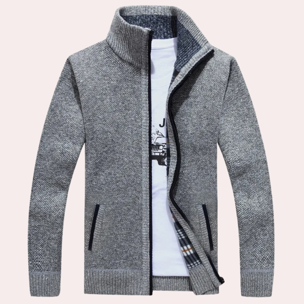 Men's Knitted Zip-Up Cardigan with Plaid Lining and Mock Neck