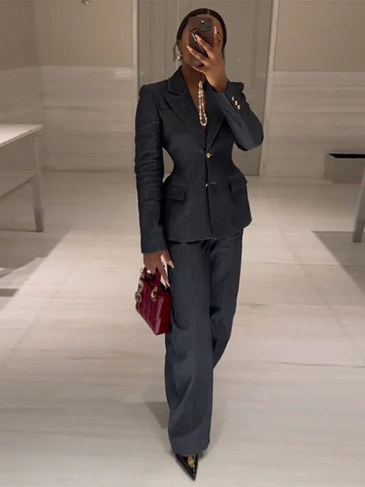 Denim Jacket High Waist Jeans Office Two Piece Set