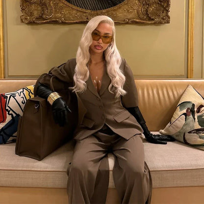 Puff Sleeve Blazer Wide Trousers Office Two Piece Set