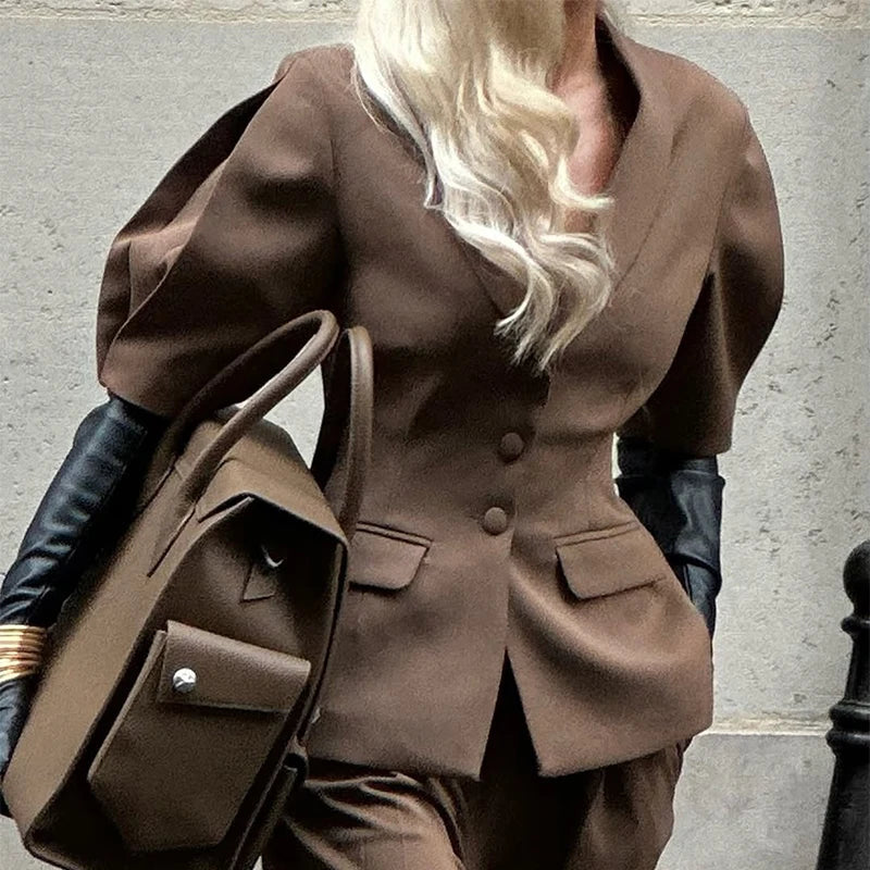 Puff Sleeve Blazer Wide Trousers Office Two Piece Set