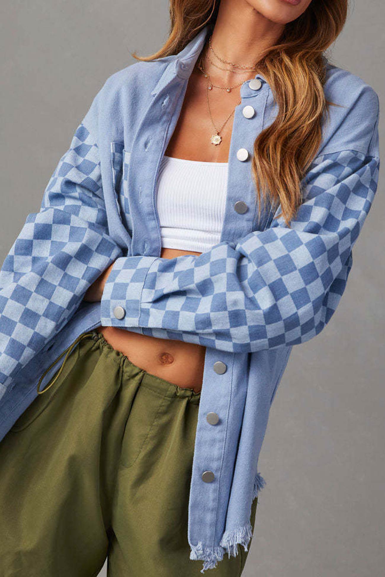 Melina | Used-look denim jacket with checkerboard patchwork