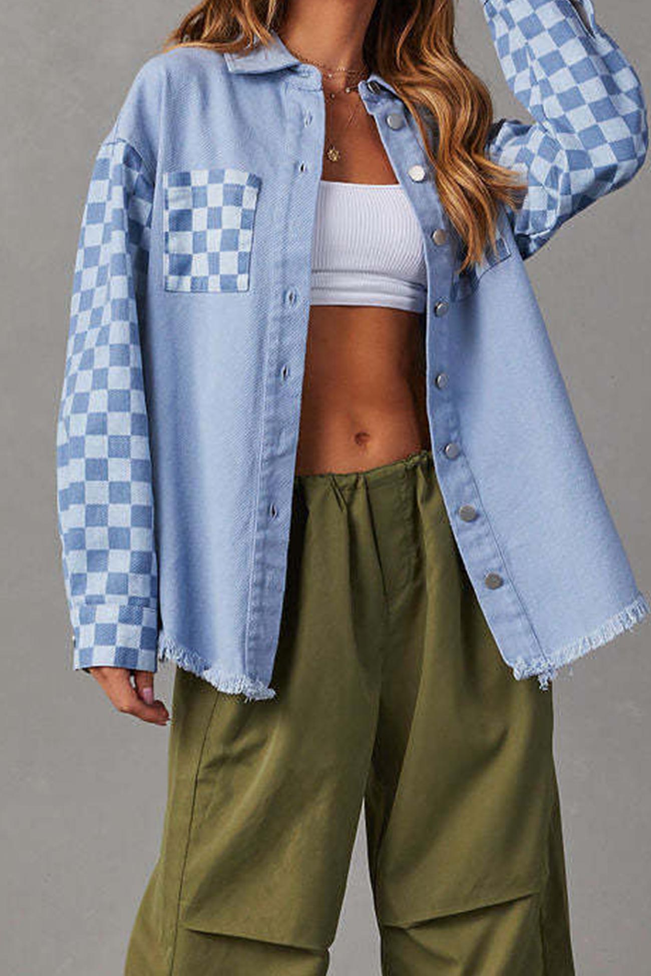 Melina | Used-look denim jacket with checkerboard patchwork