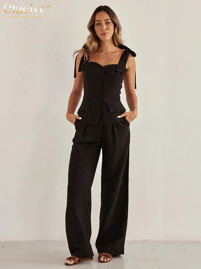 Black Cotton Slim Sleeveless Office Two Piece Set