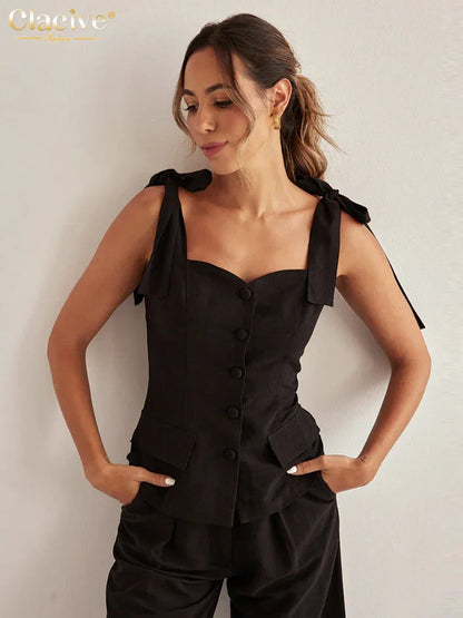 Black Cotton Slim Sleeveless Office Two Piece Set