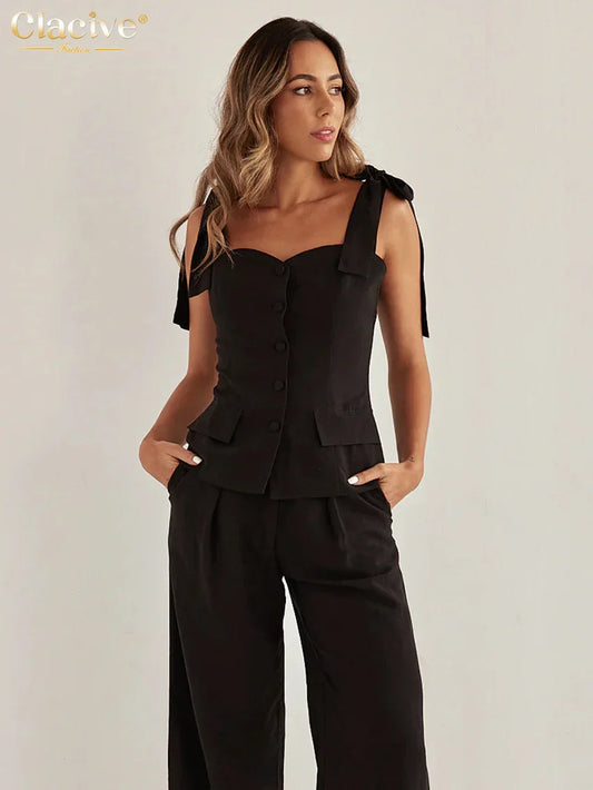 Black Cotton Slim Sleeveless Office Two Piece Set