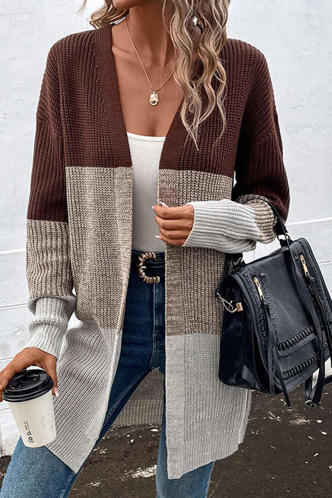 Noelia | Long cardigan with open front and color contrast