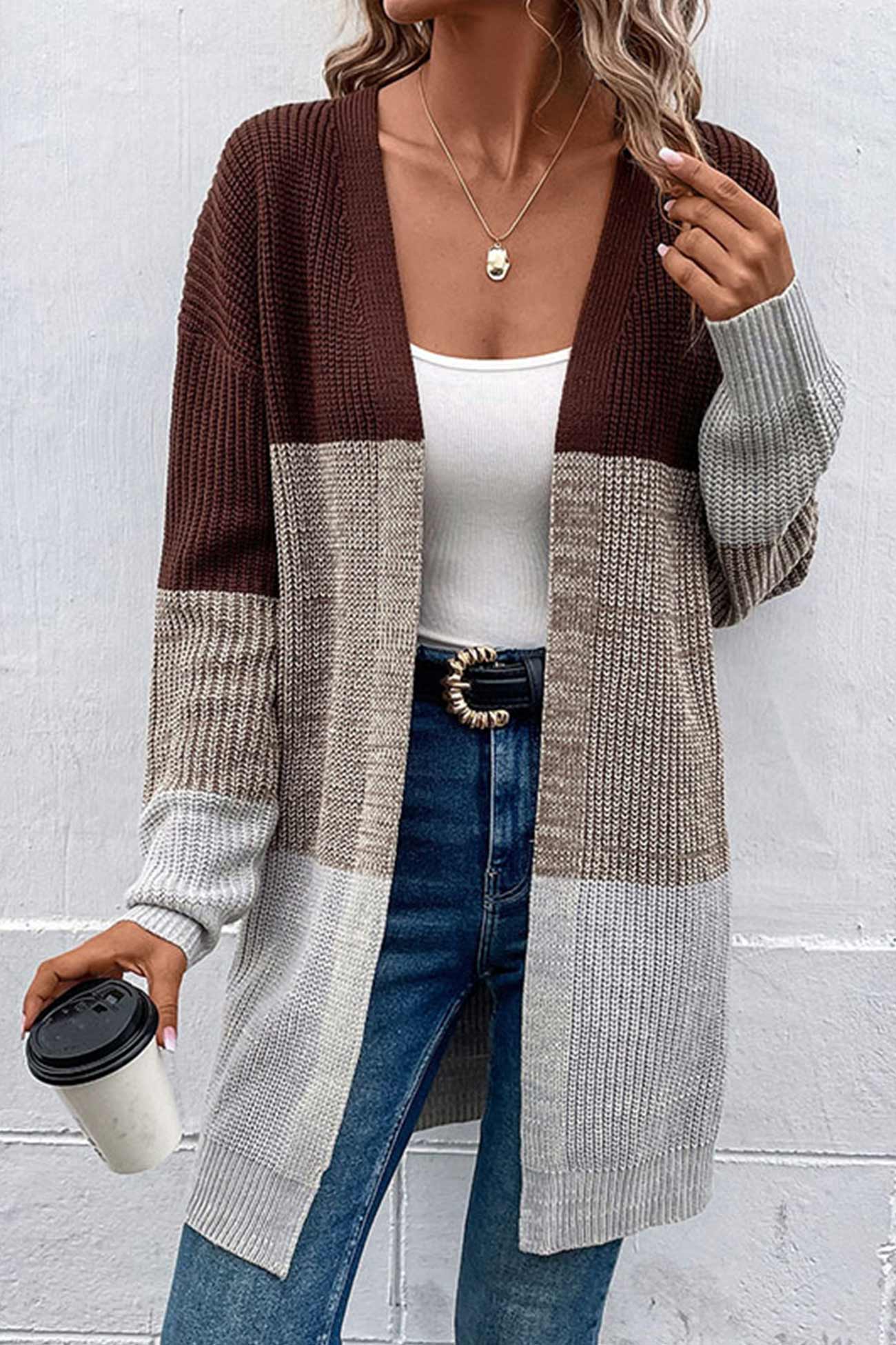 Noelia | Long cardigan with open front and color contrast