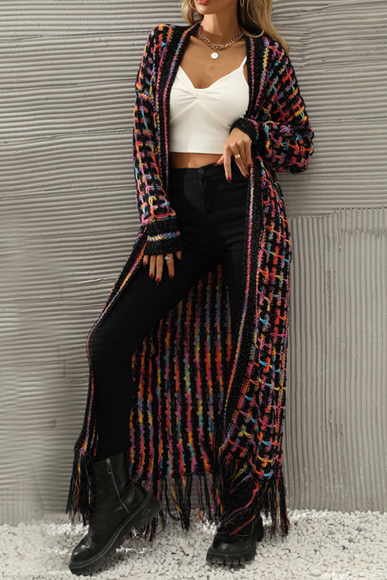 Adriana | Long cardigan with contrast fringed hem and open front