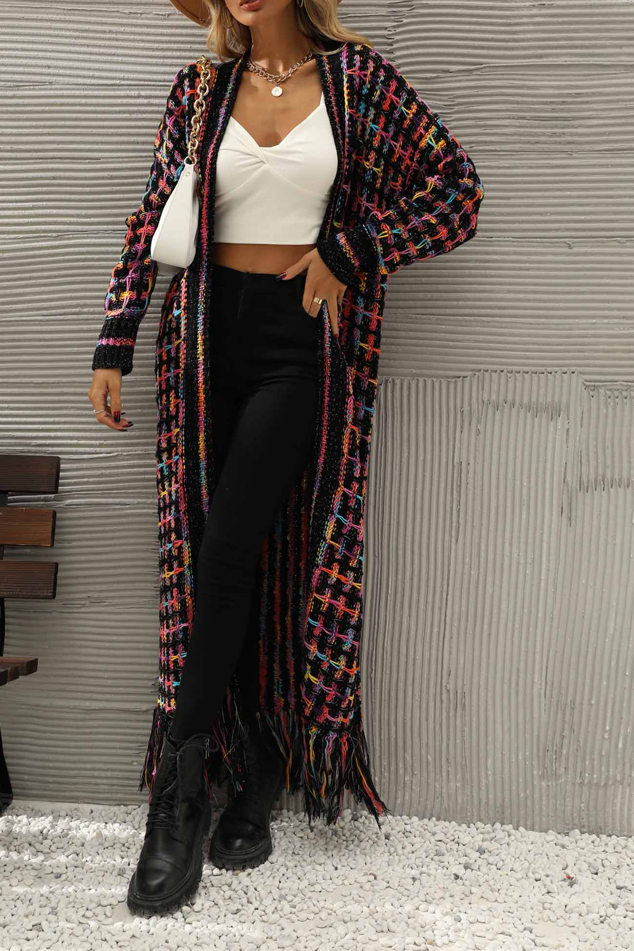 Adriana | Long cardigan with contrast fringed hem and open front