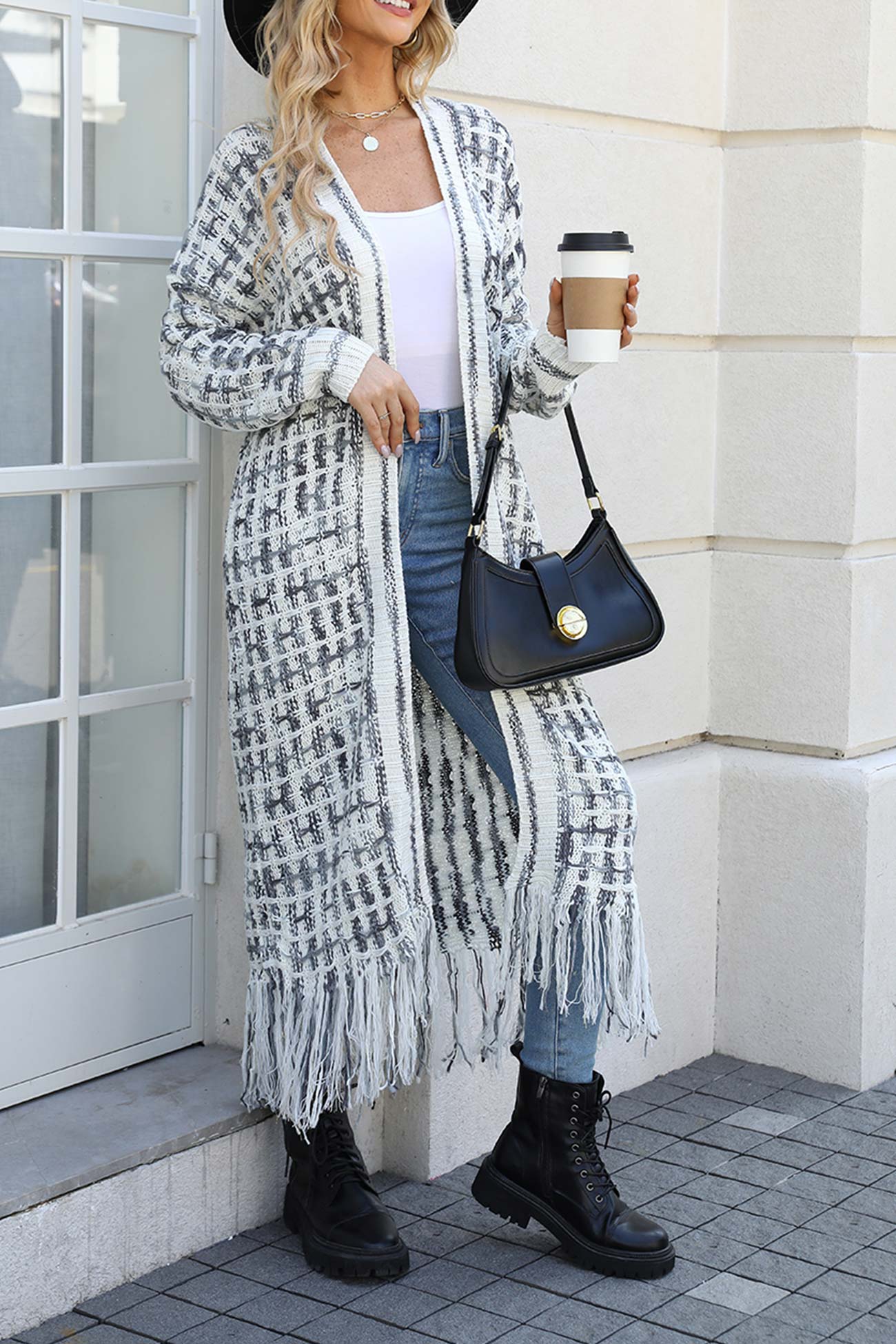 Adriana | Long cardigan with contrast fringed hem and open front