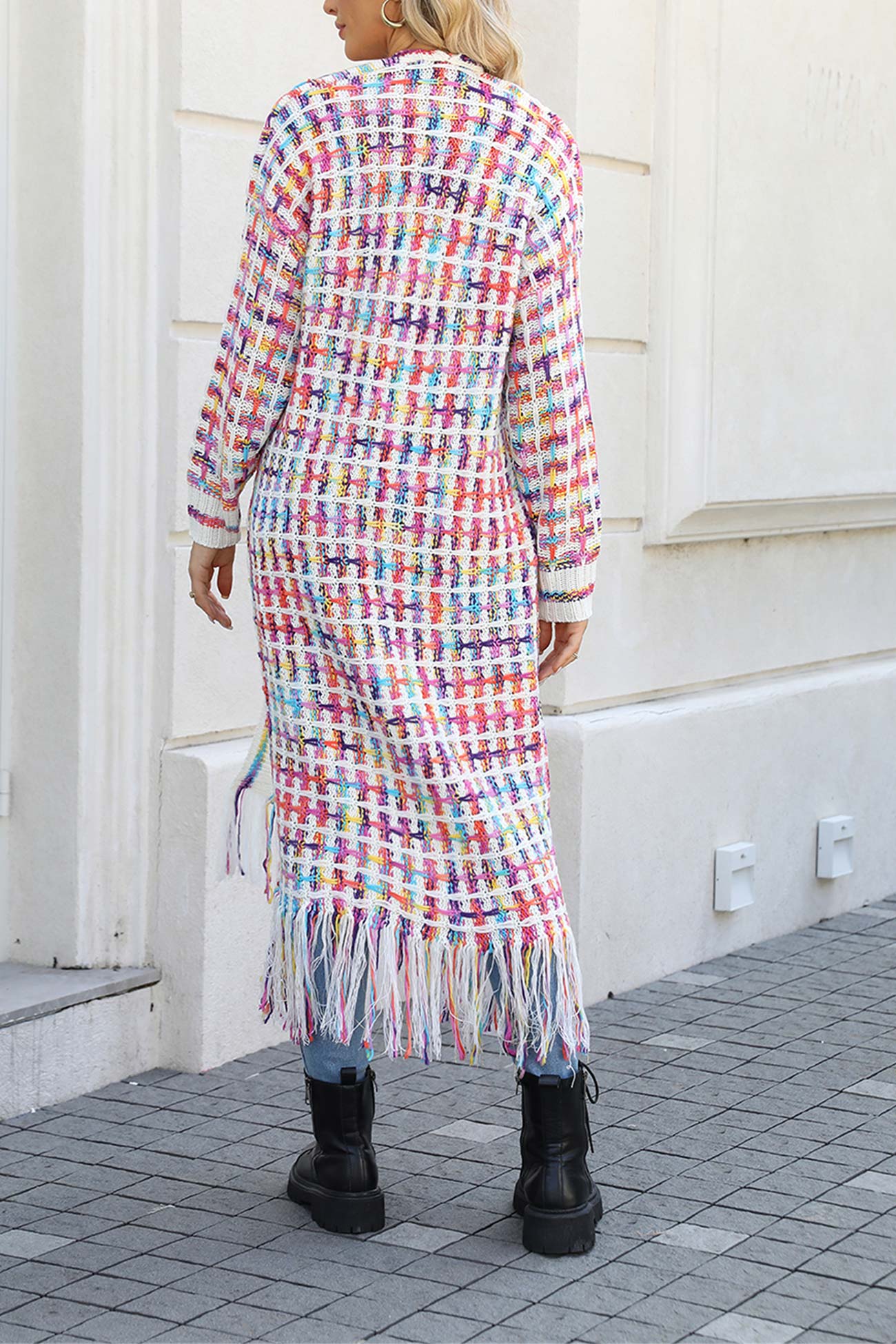Adriana | Long cardigan with contrast fringed hem and open front