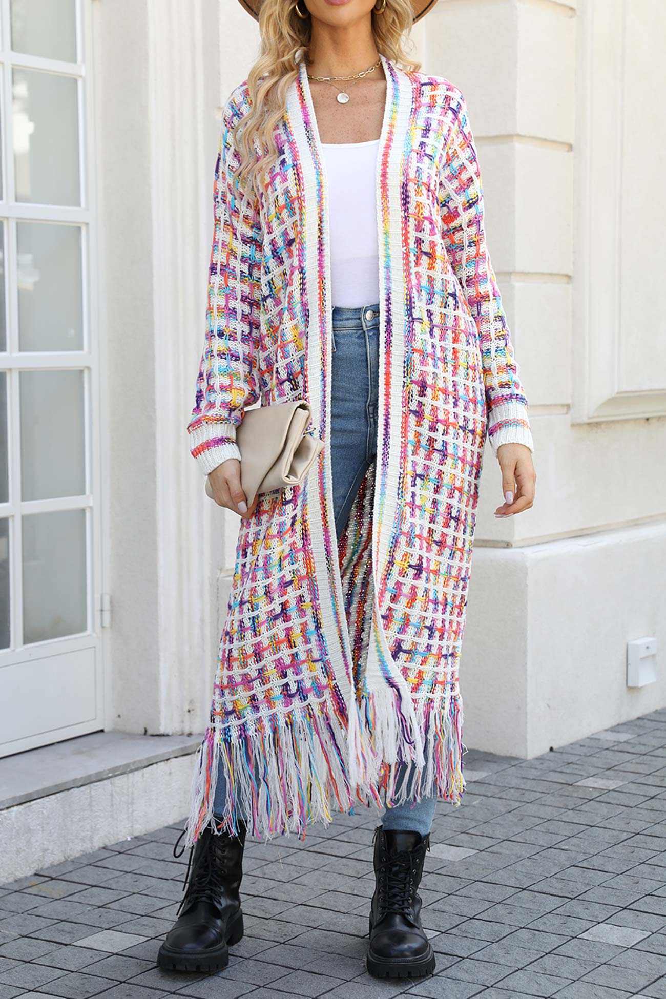 Adriana | Long cardigan with contrast fringed hem and open front