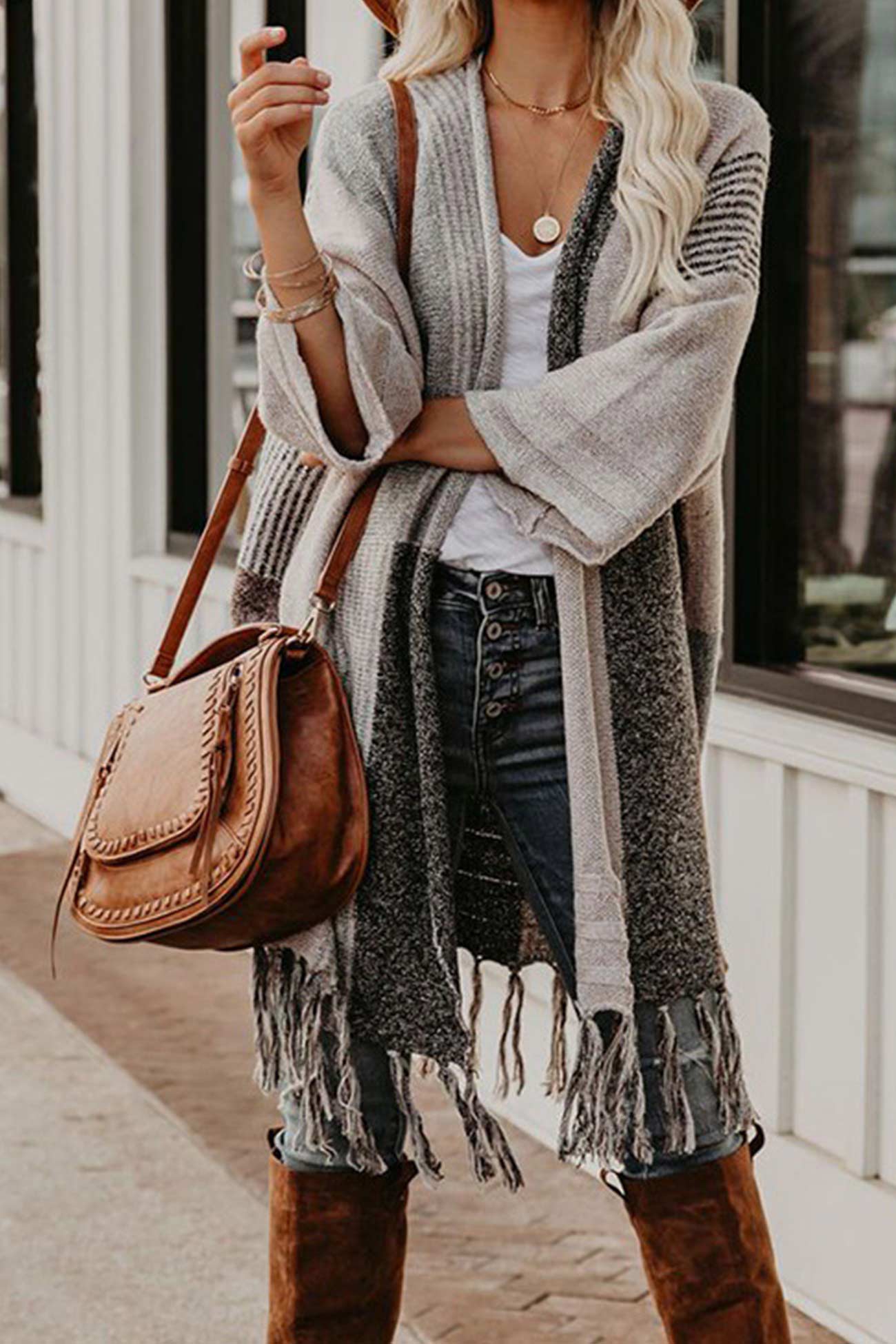 Adela | Shawl cardigan with contrast fringed hem