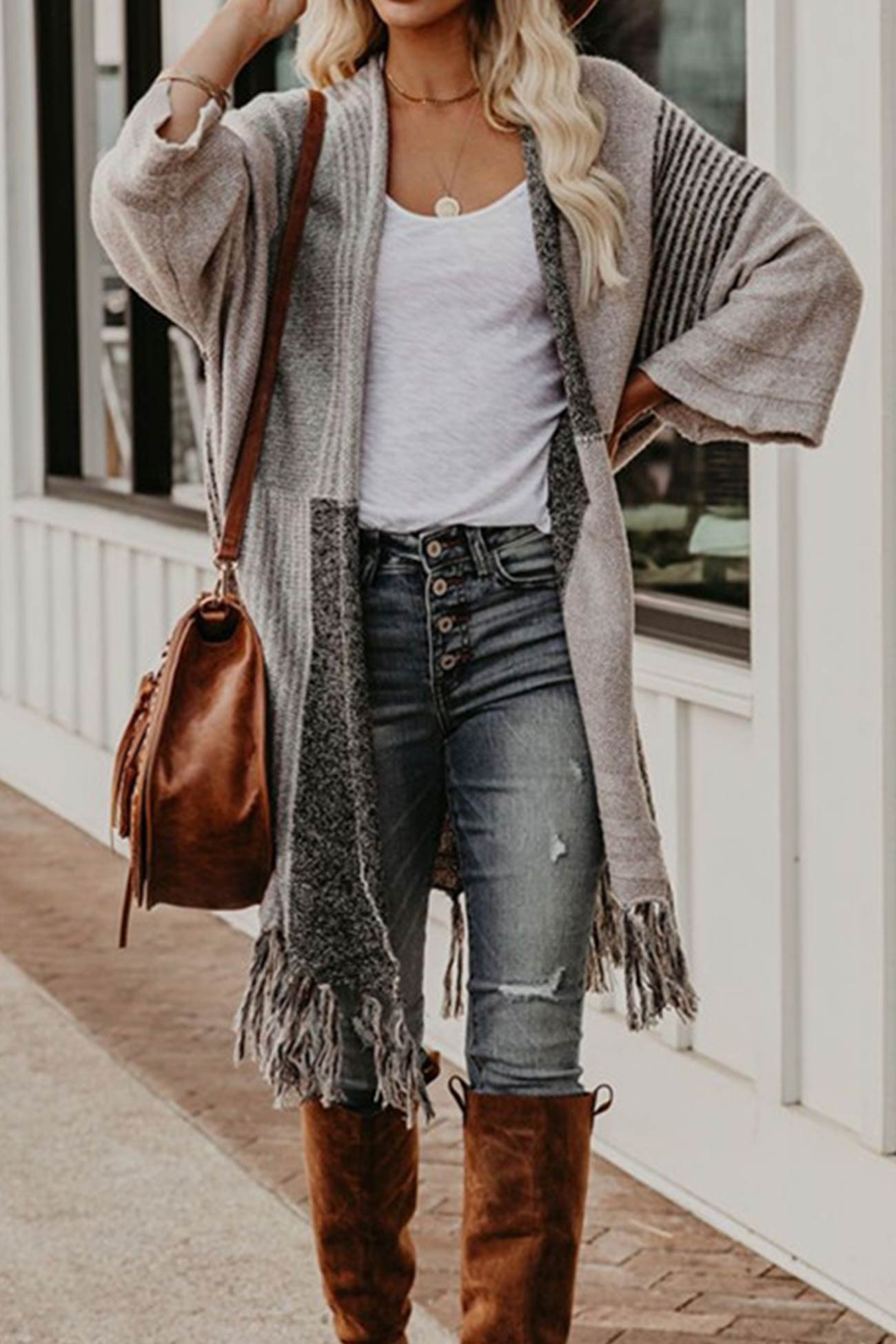 Adela | Shawl cardigan with contrast fringed hem