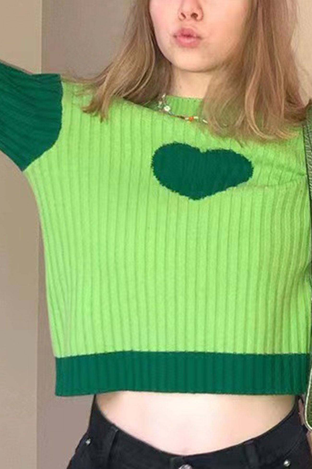 Helena | Contrasting rib-knit tops with a stand-up collar and heart graphic