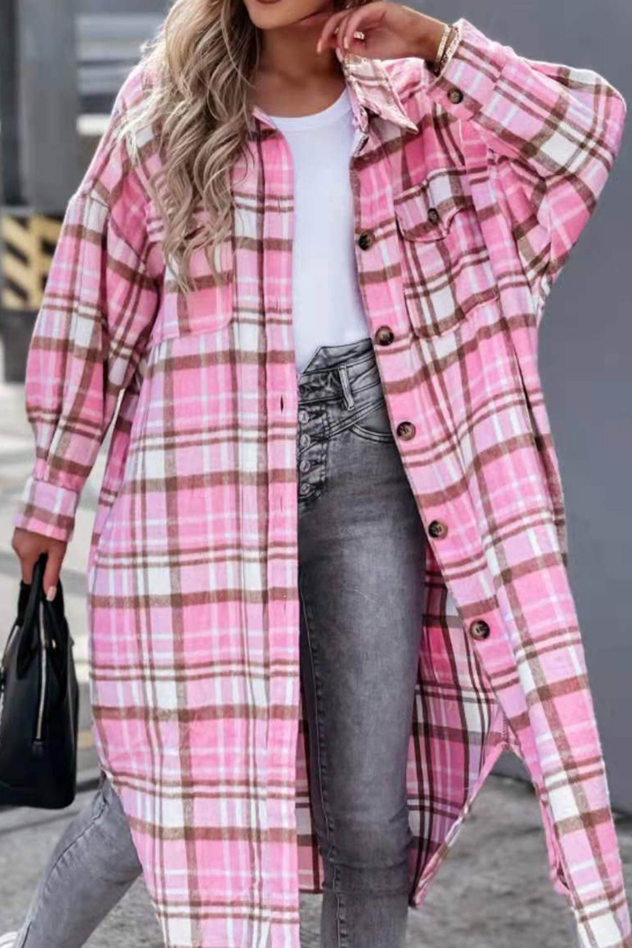 Fabienne | Long, contrasting checked jacket