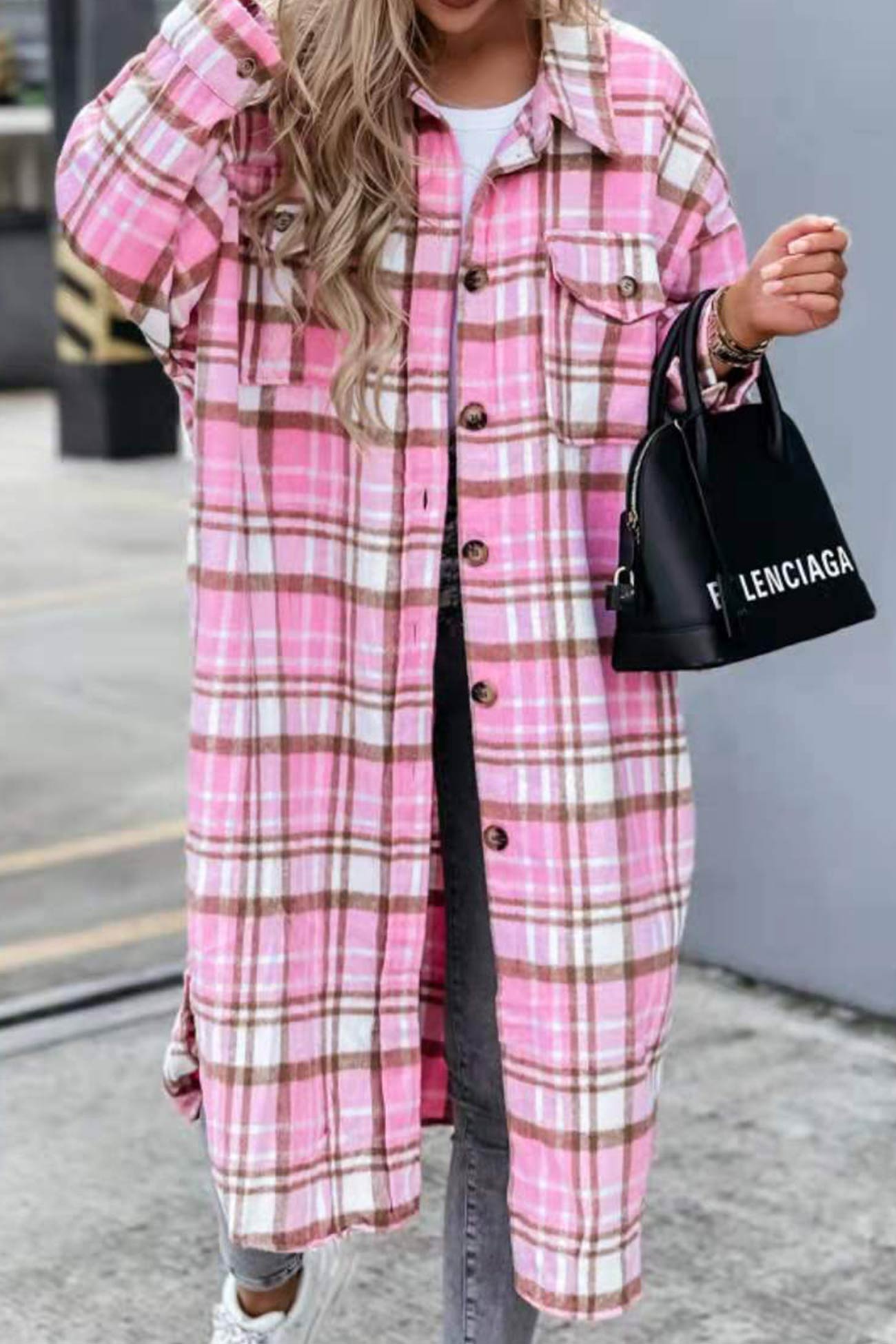 Fabienne | Long, contrasting checked jacket