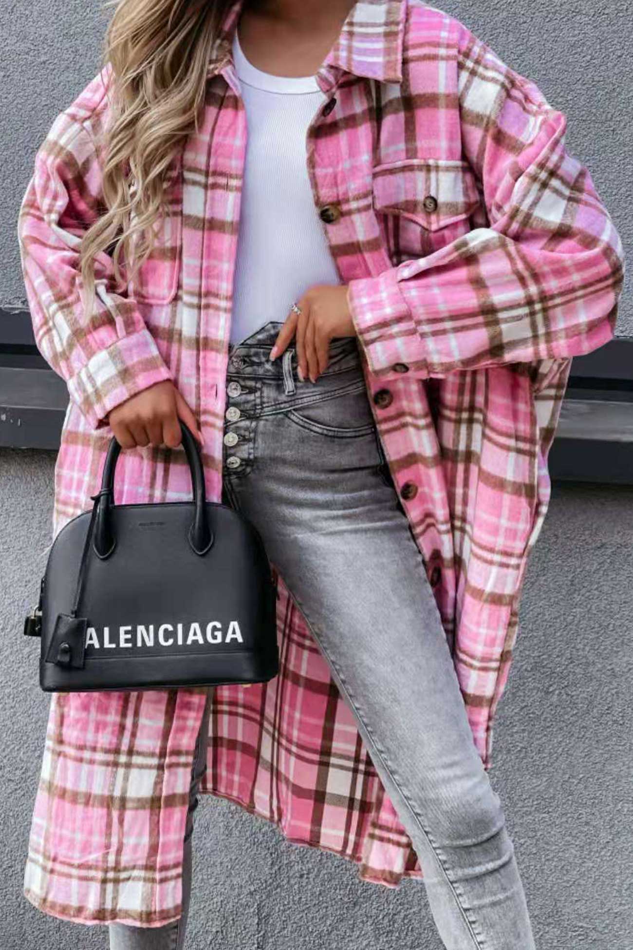 Fabienne | Long, contrasting checked jacket