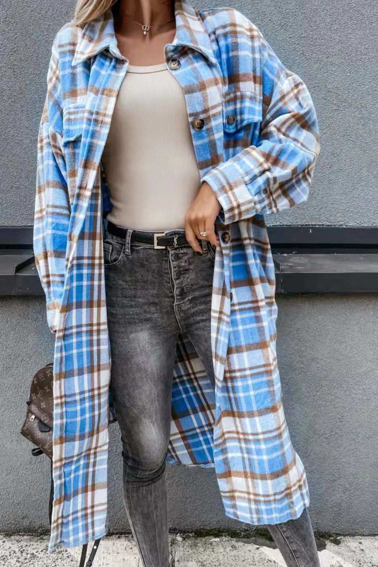 Fabienne | Long, contrasting checked jacket