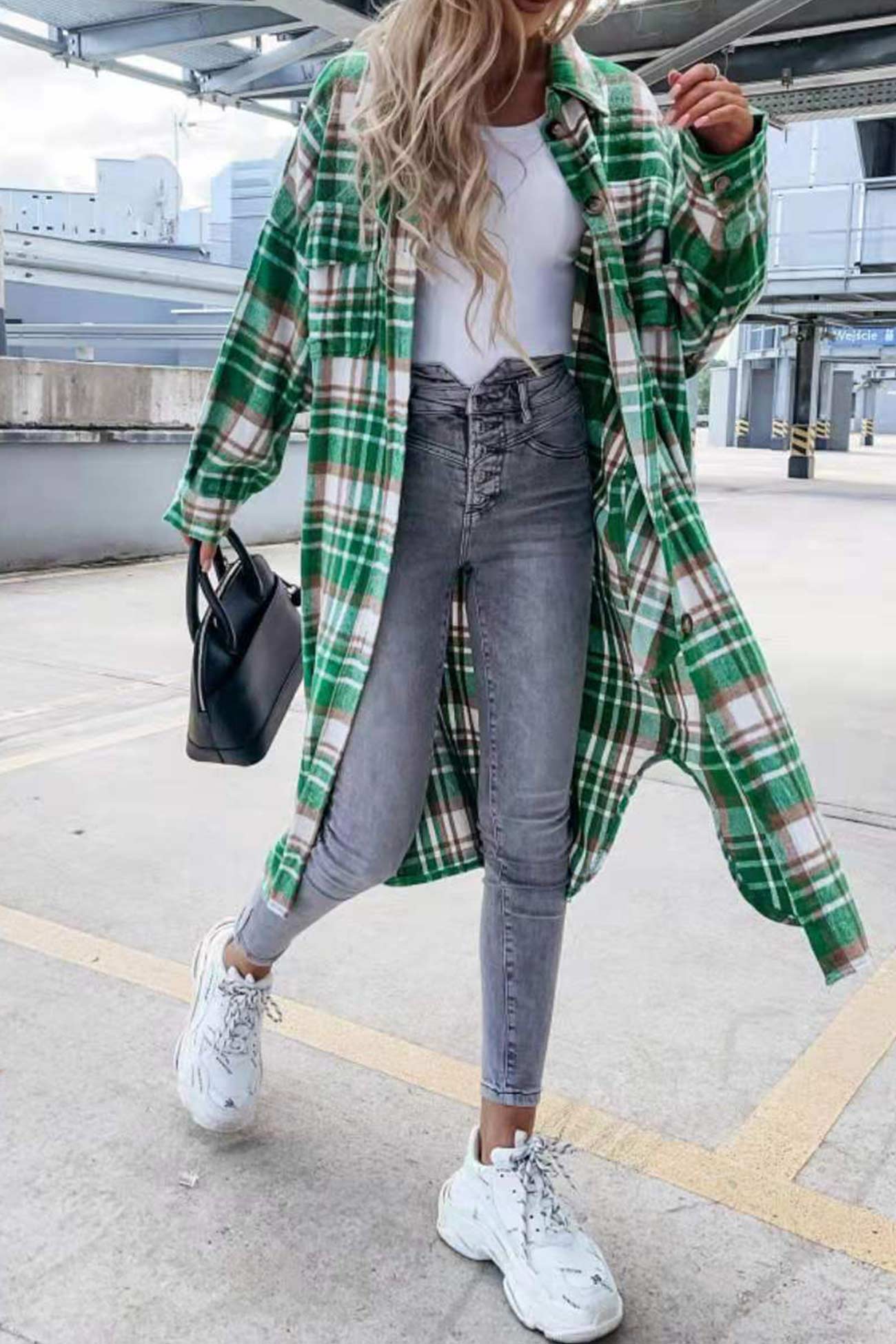 Fabienne | Long, contrasting checked jacket