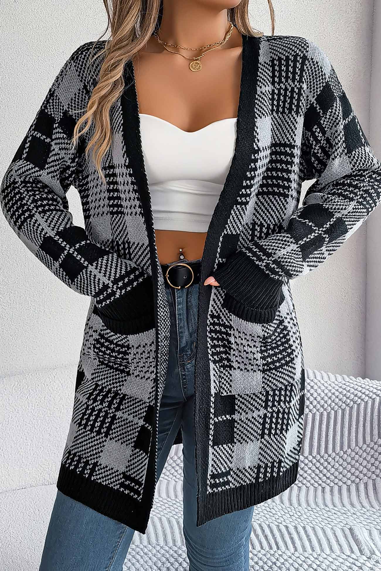 Lilli | Contrast checked cardigan with open front
