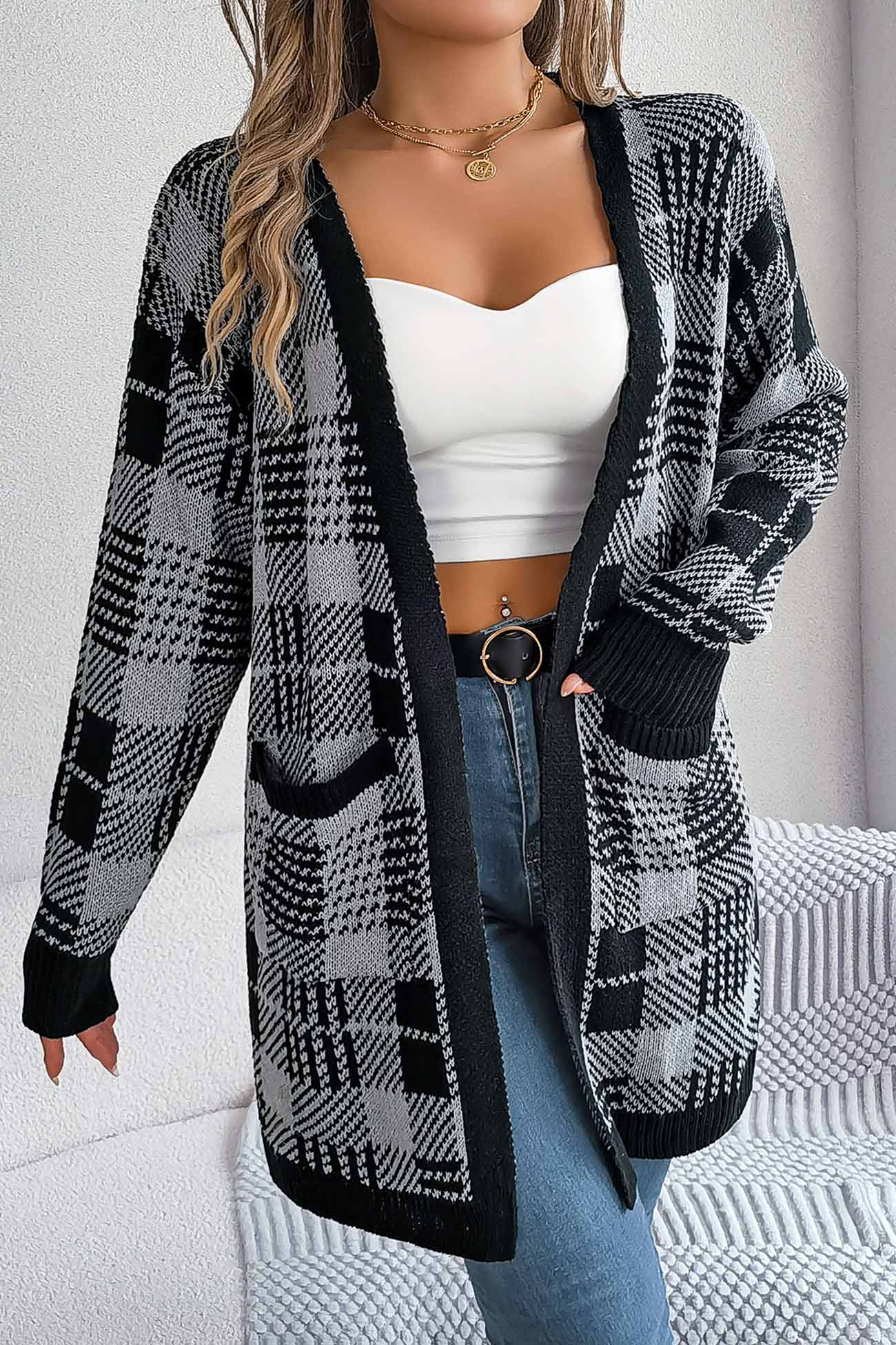 Lilli | Contrast checked cardigan with open front