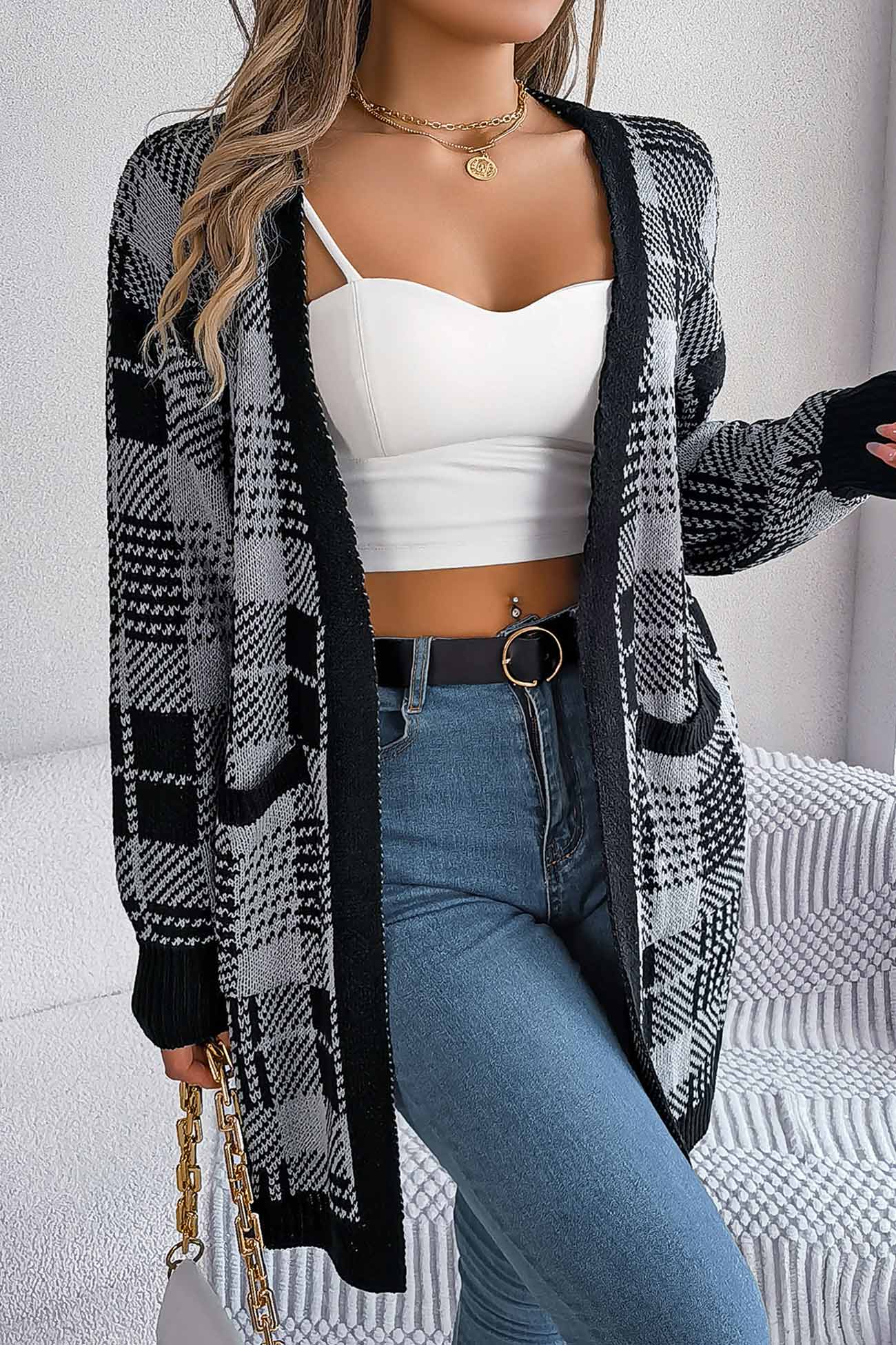 Lilli | Contrast checked cardigan with open front