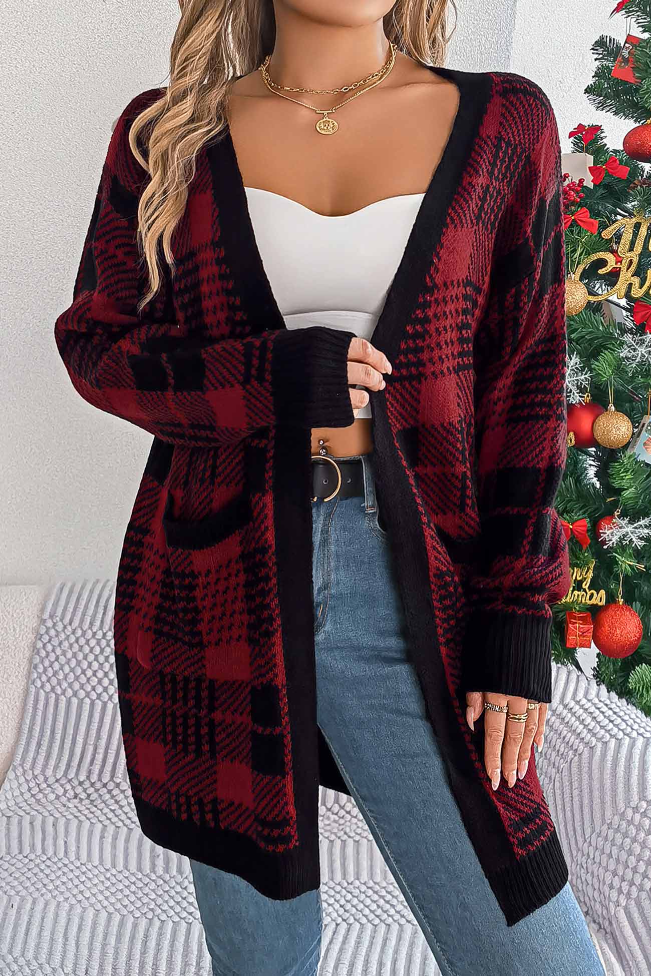 Lilli | Contrast checked cardigan with open front
