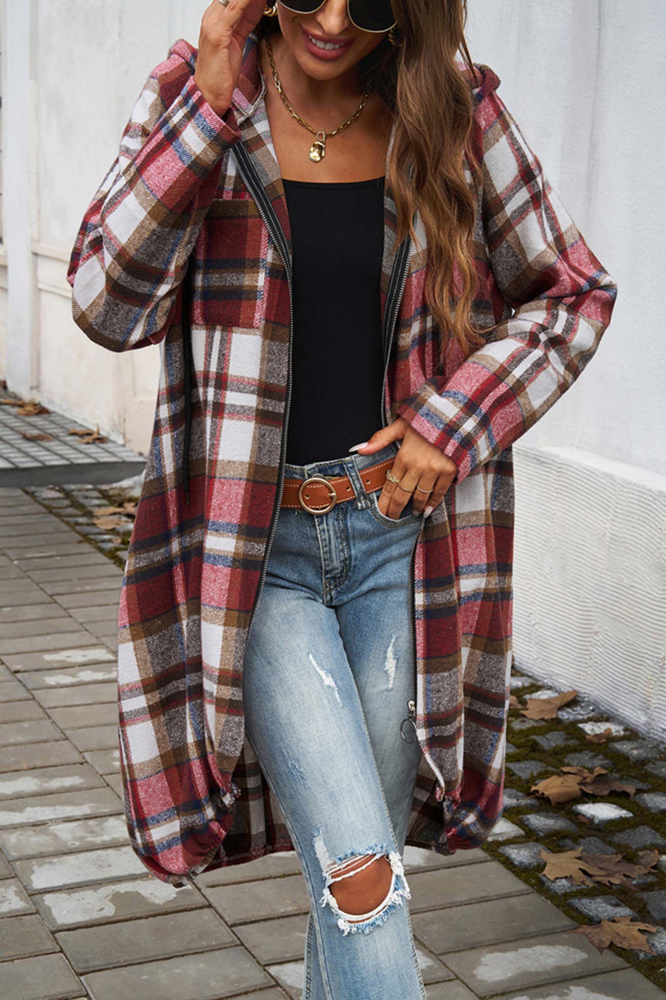 Carmen | Mid-length hoodie with contrast check pattern and zip fastening