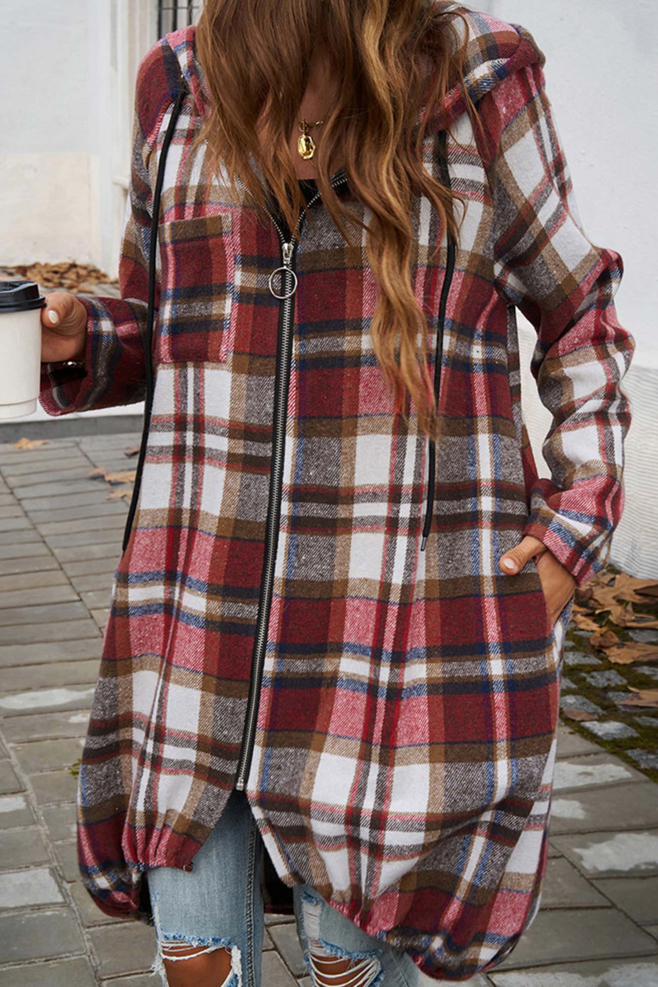 Carmen | Mid-length hoodie with contrast check pattern and zip fastening