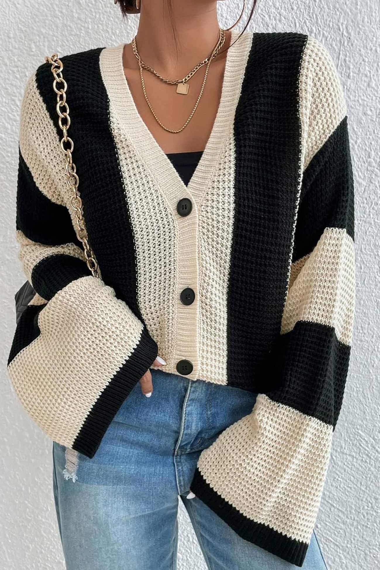 Stefania | Cardigan with contrasting stripes and flared sleeves