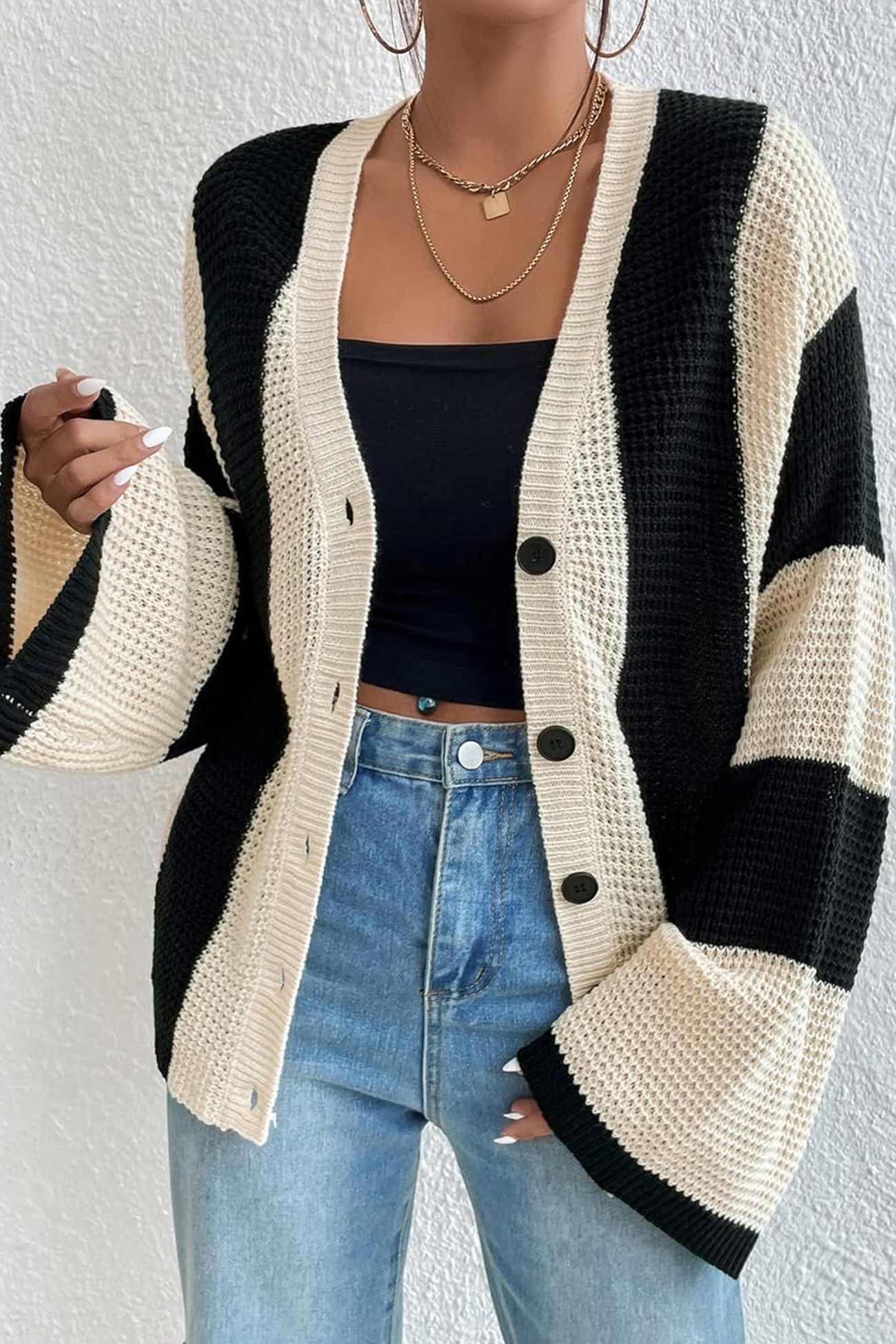 Stefania | Cardigan with contrasting stripes and flared sleeves