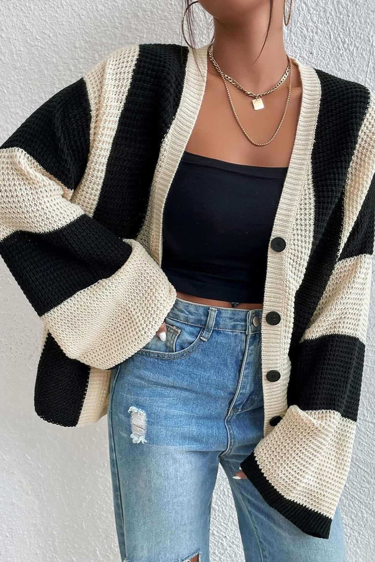 Stefania | Cardigan with contrasting stripes and flared sleeves