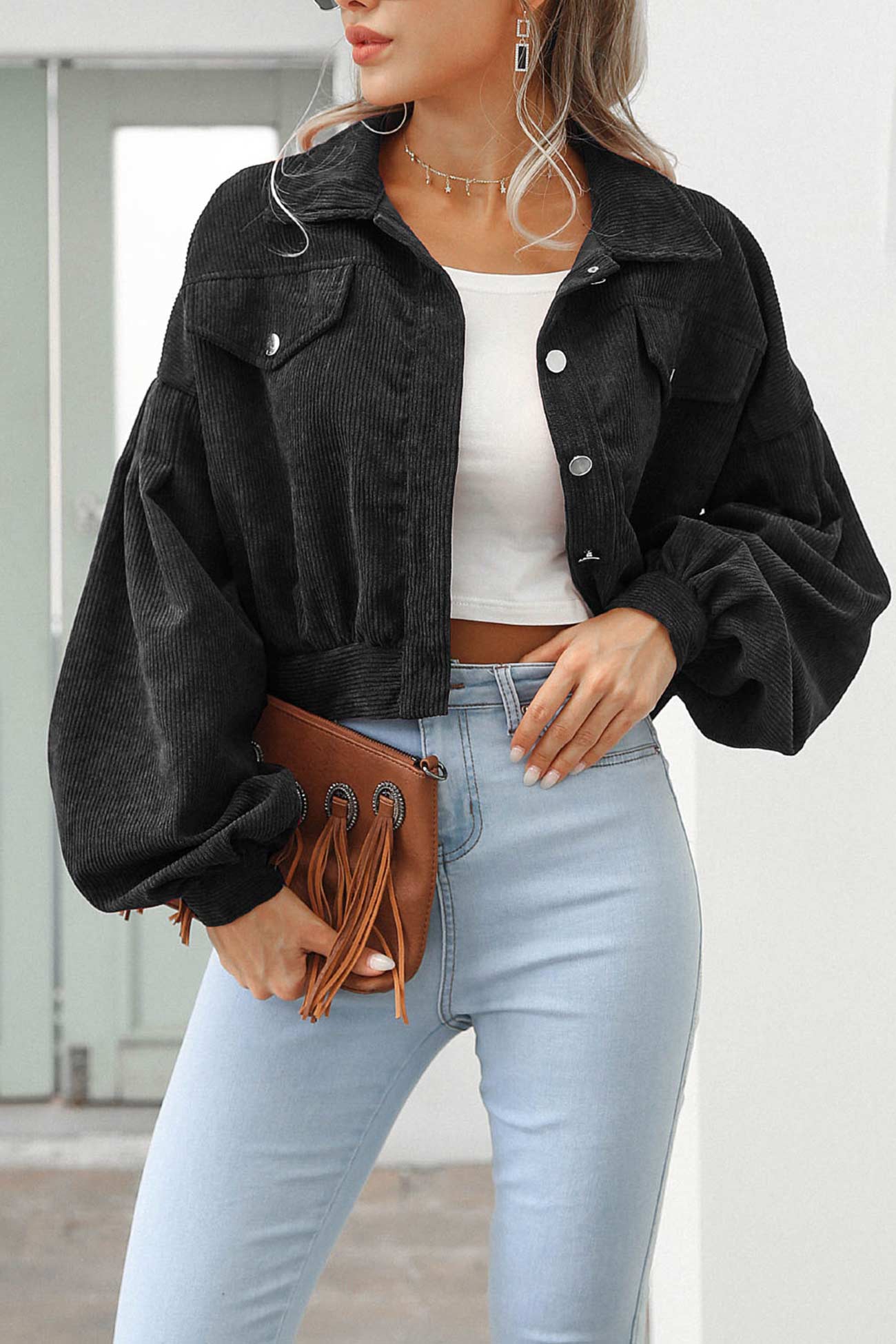 Mia | Single-breasted, short corduroy jacket
