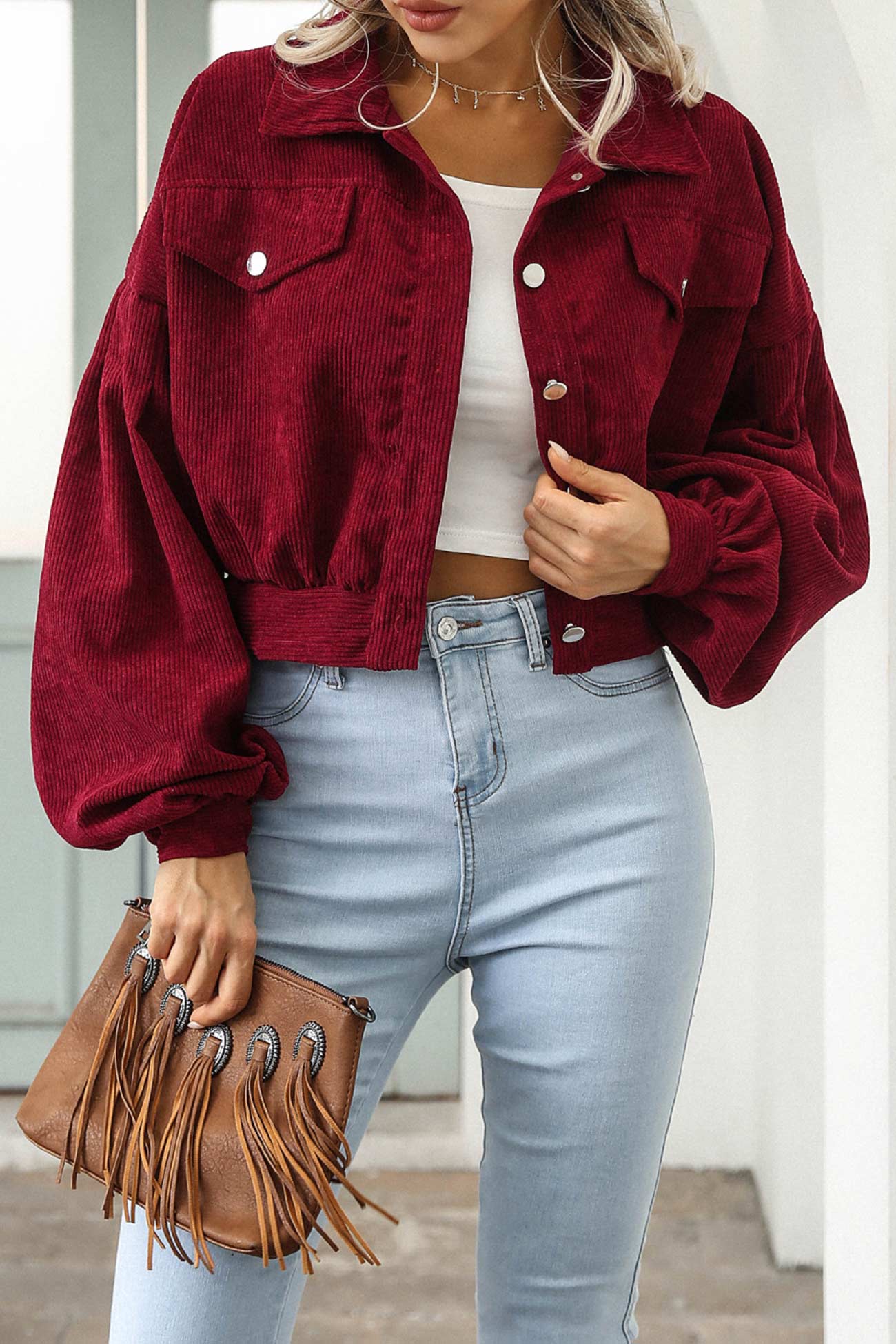 Mia | Single-breasted, short corduroy jacket