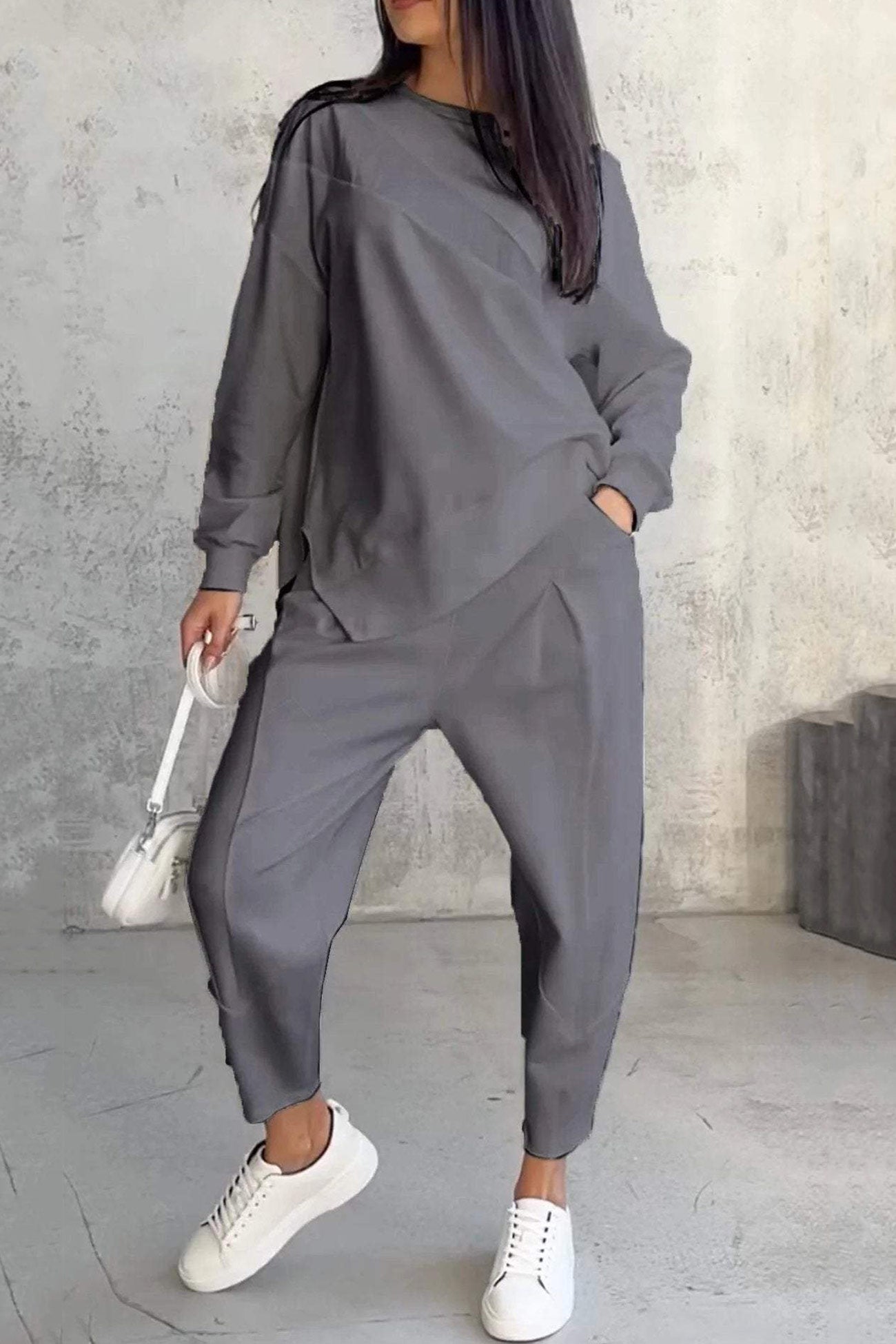 Miriam | Crew neck sweatshirt suits with irregular hem