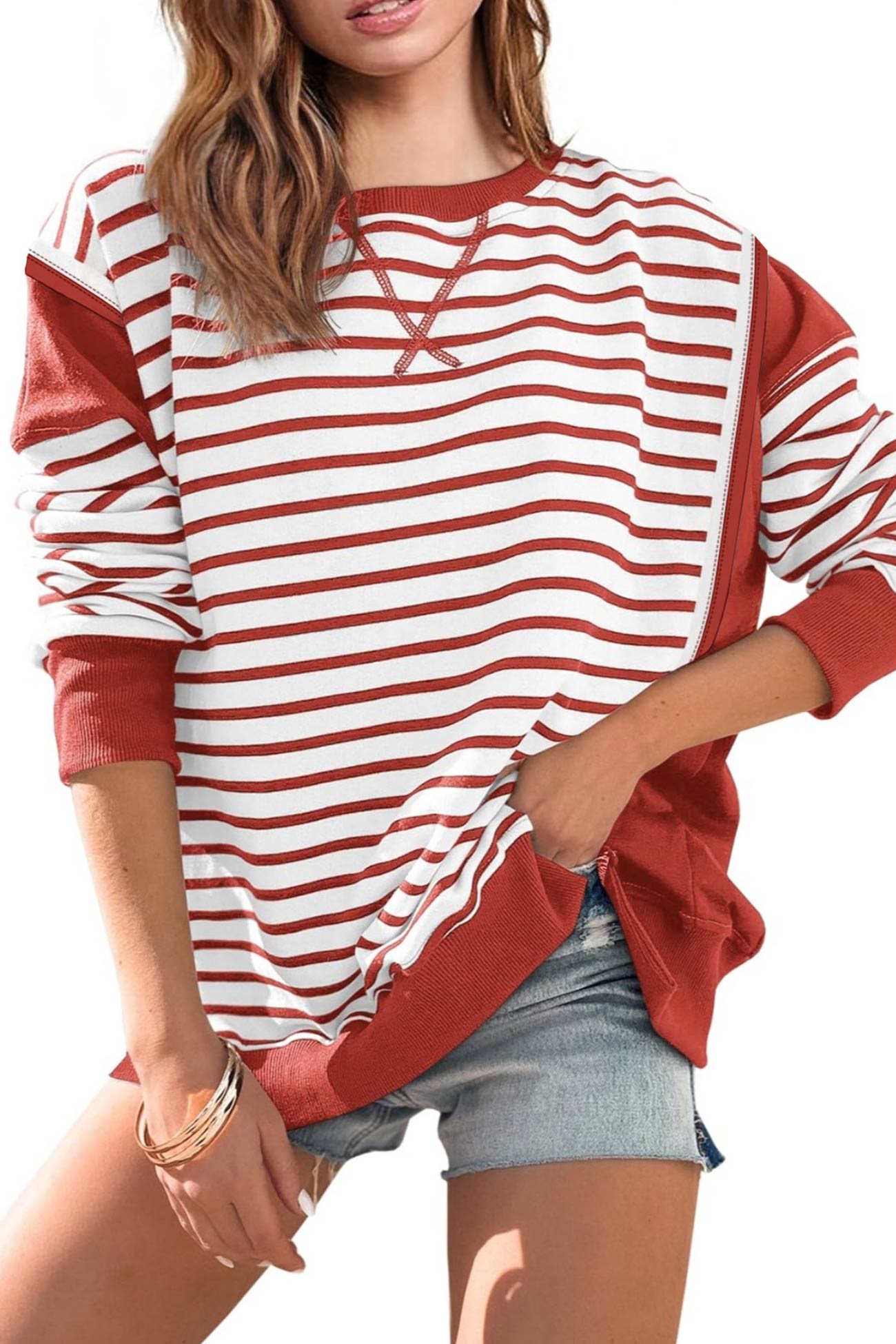 Lilian | Striped patchwork crew neck sweatshirt
