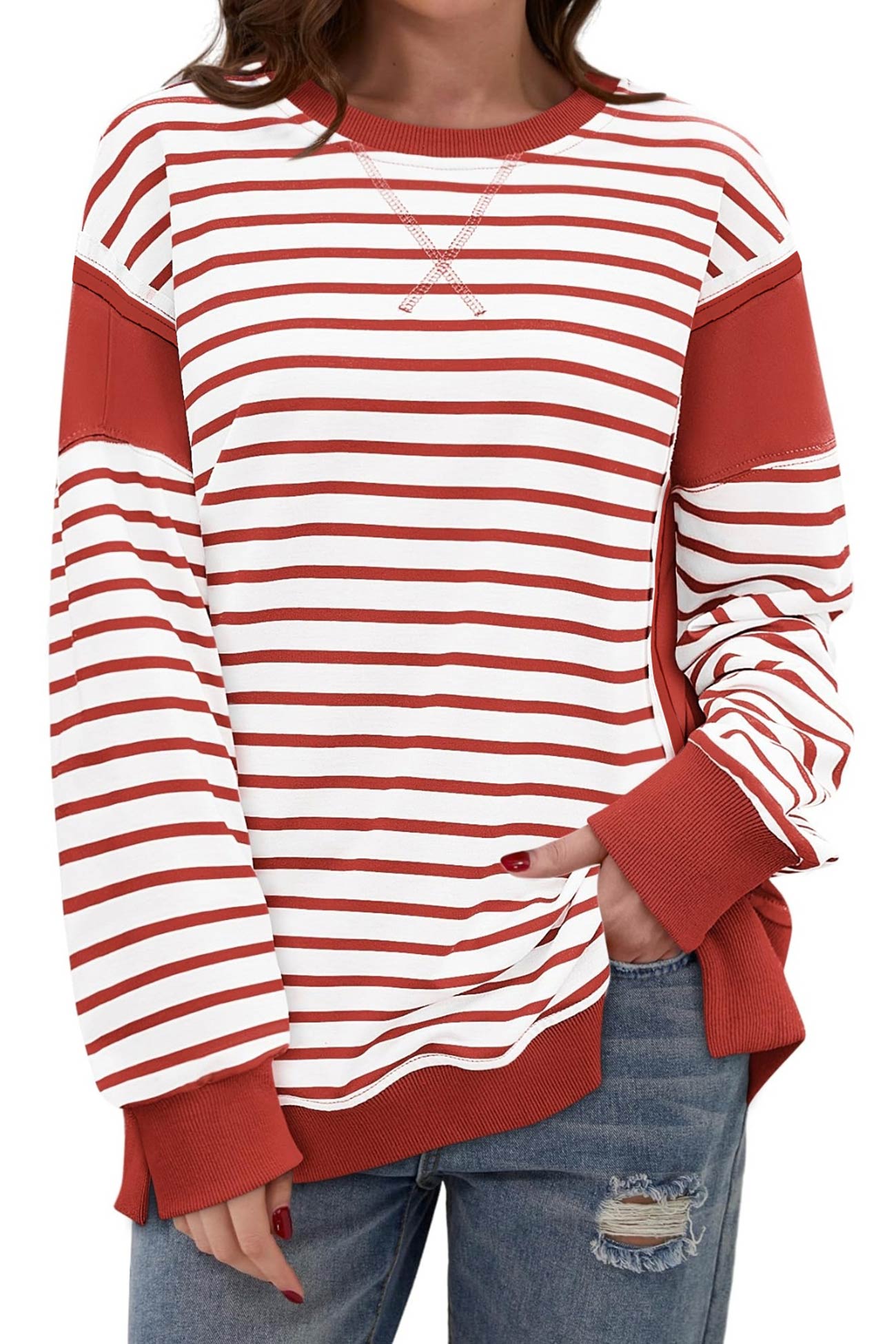 Lilian | Striped patchwork crew neck sweatshirt