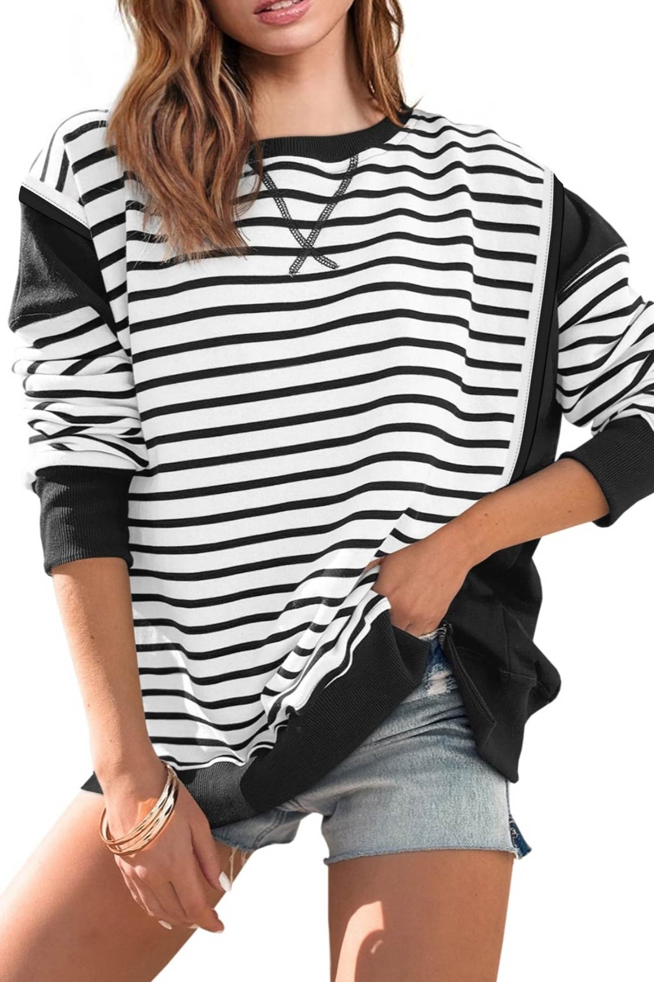 Lilian | Striped patchwork crew neck sweatshirt