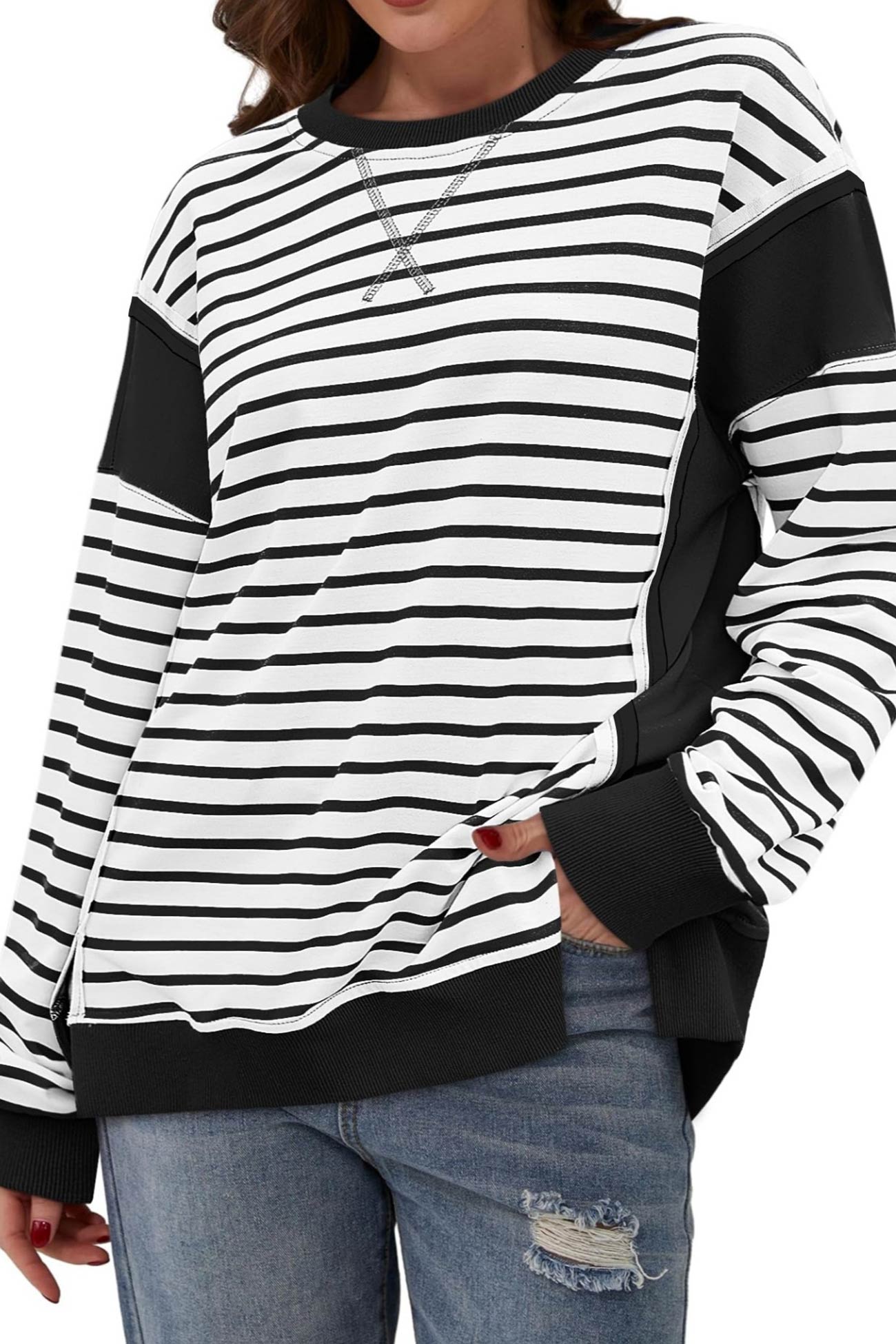 Lilian | Striped patchwork crew neck sweatshirt