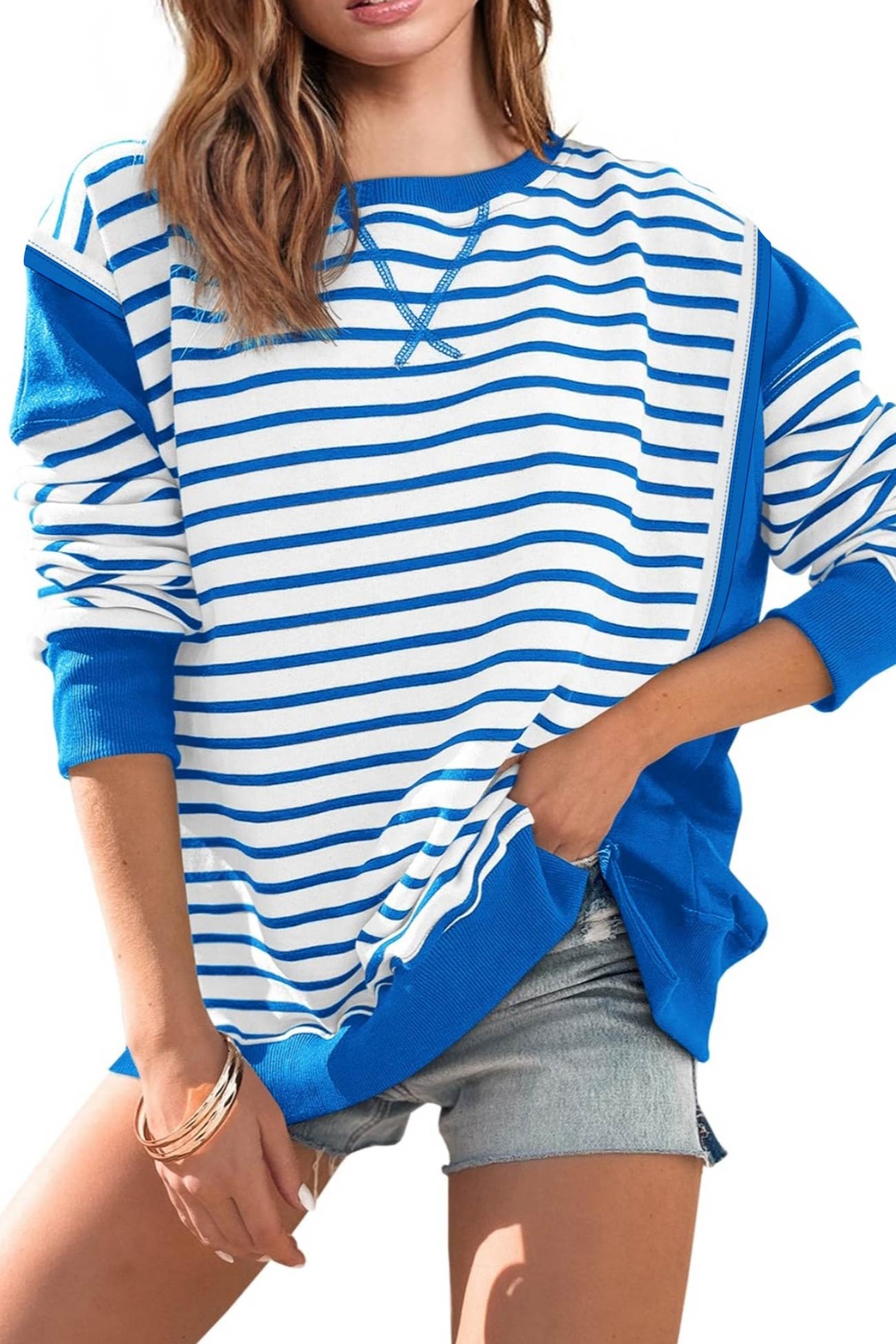 Lilian | Striped patchwork crew neck sweatshirt