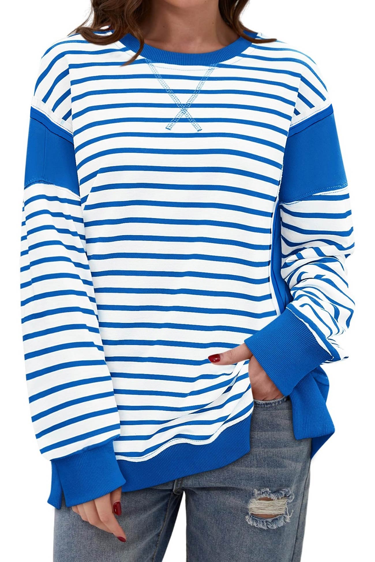 Lilian | Striped patchwork crew neck sweatshirt