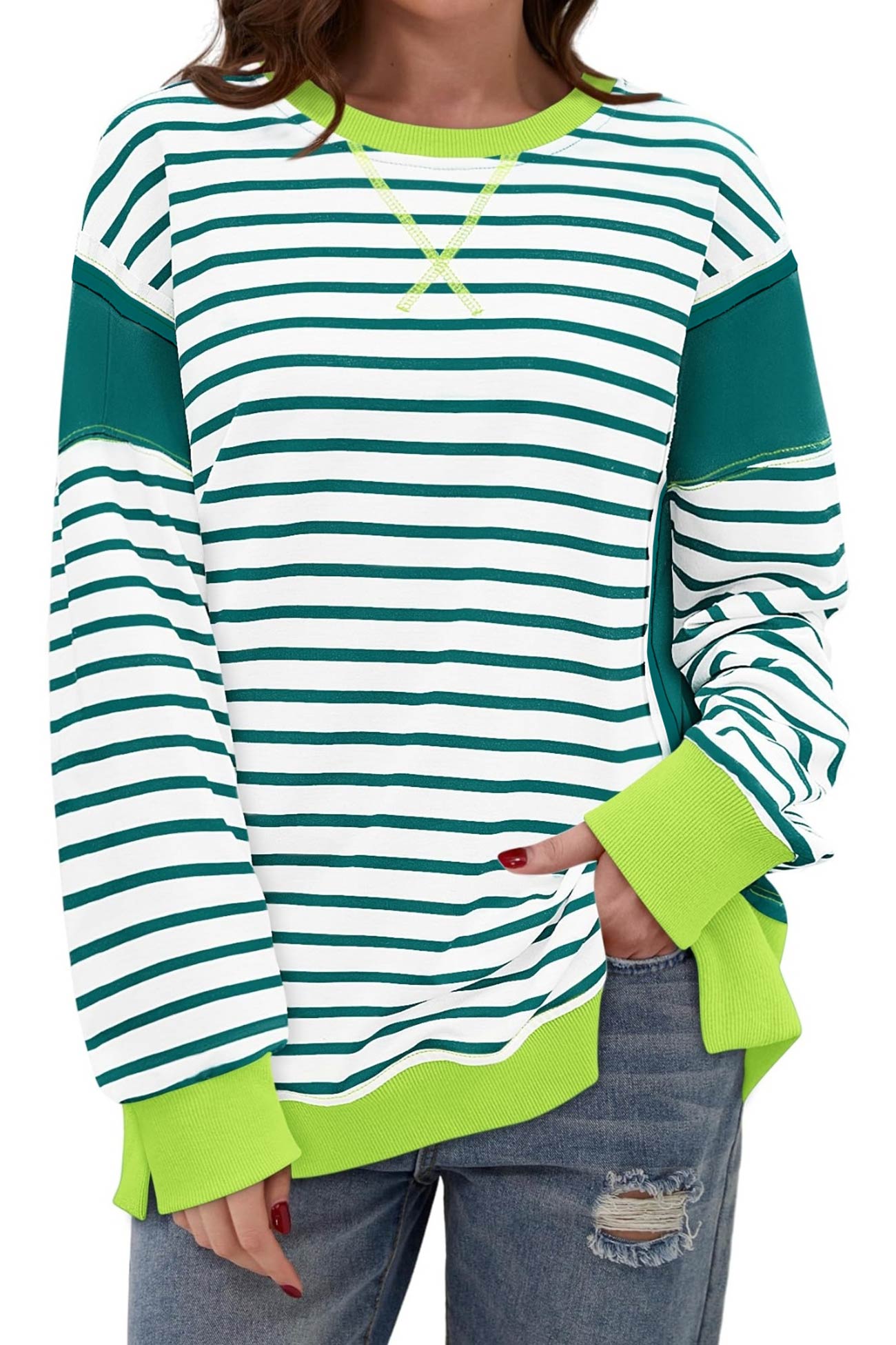 Lilian | Striped patchwork crew neck sweatshirt