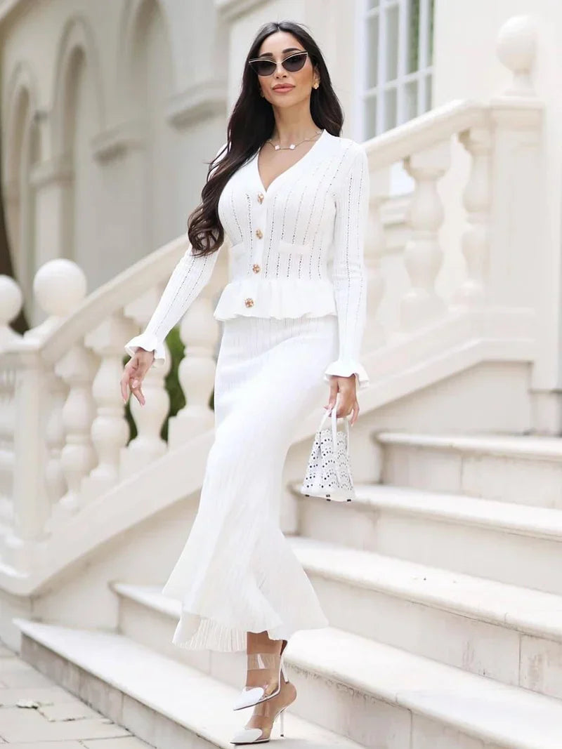 Elegant Knitted Matching Long Office Two Piece Set